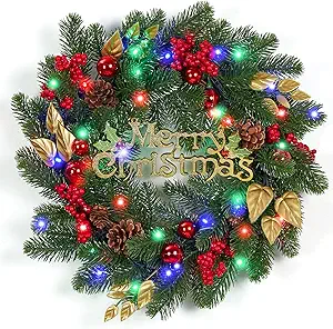 Pre-Lit Christmas Wreath with 40 Colorful Lights, Artificial Christmas Wreath Decorated with Pine Cones, Berry Clusters, Ball Ornaments, Christmas Decorations for Window Indoor Outdoor