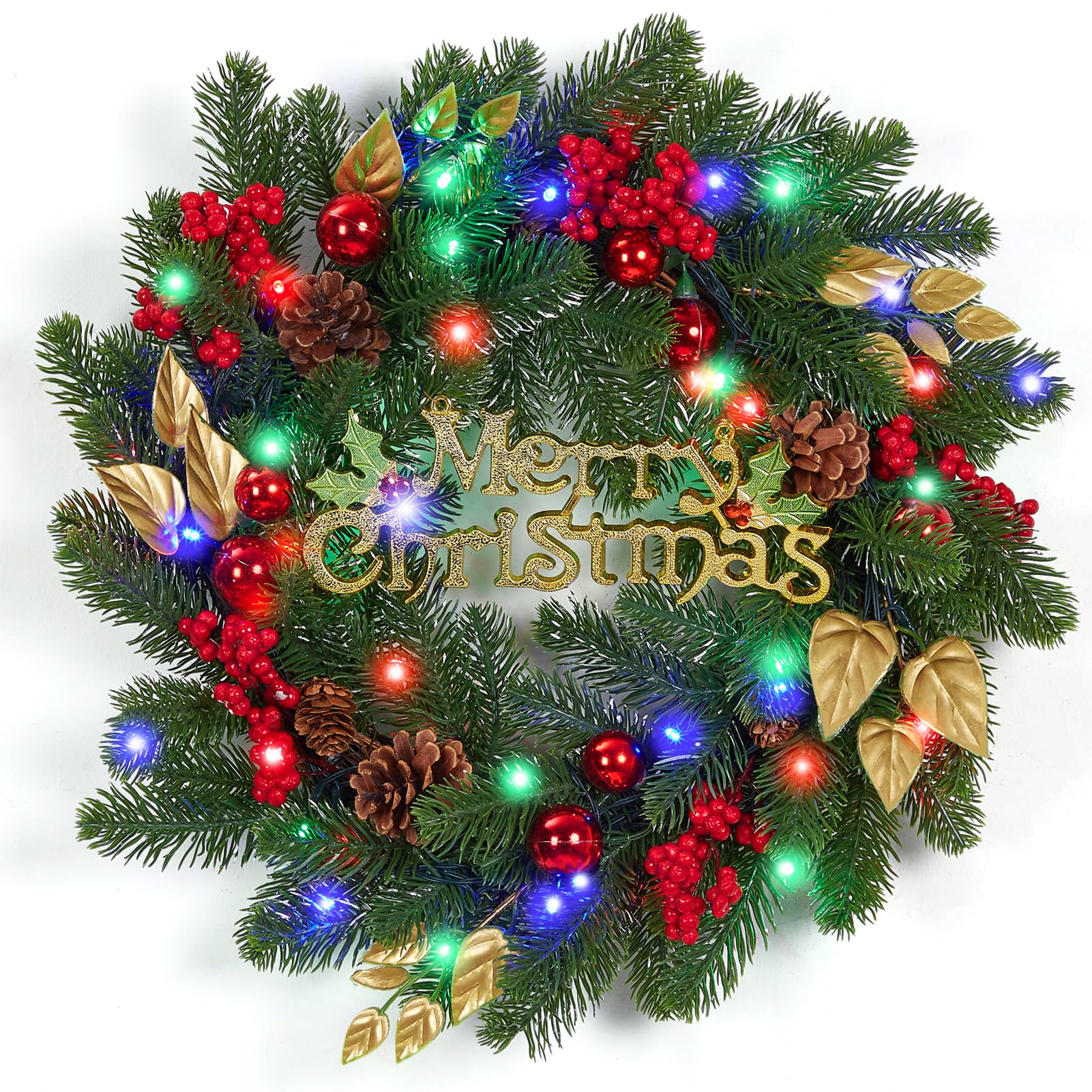 FashionwuPre-Lit Christmas Wreath with 40 Colorful Lights, Artificial Christmas Wreath Decorated with Pine Cones, Berry Clusters, Ball Ornaments, Christmas Decorations for Window Indoor Outdoor