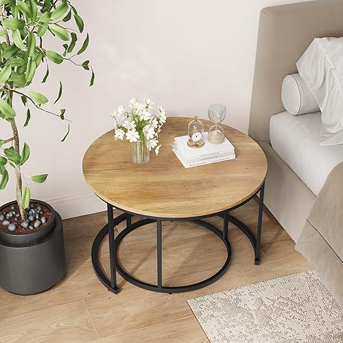 Miniatura 7 de Juego de 2 mesas auxiliares anidadas, mesa auxiliar redonda de 27.6 pulgadas, parte superior de grano de madera con patas antideslizantes