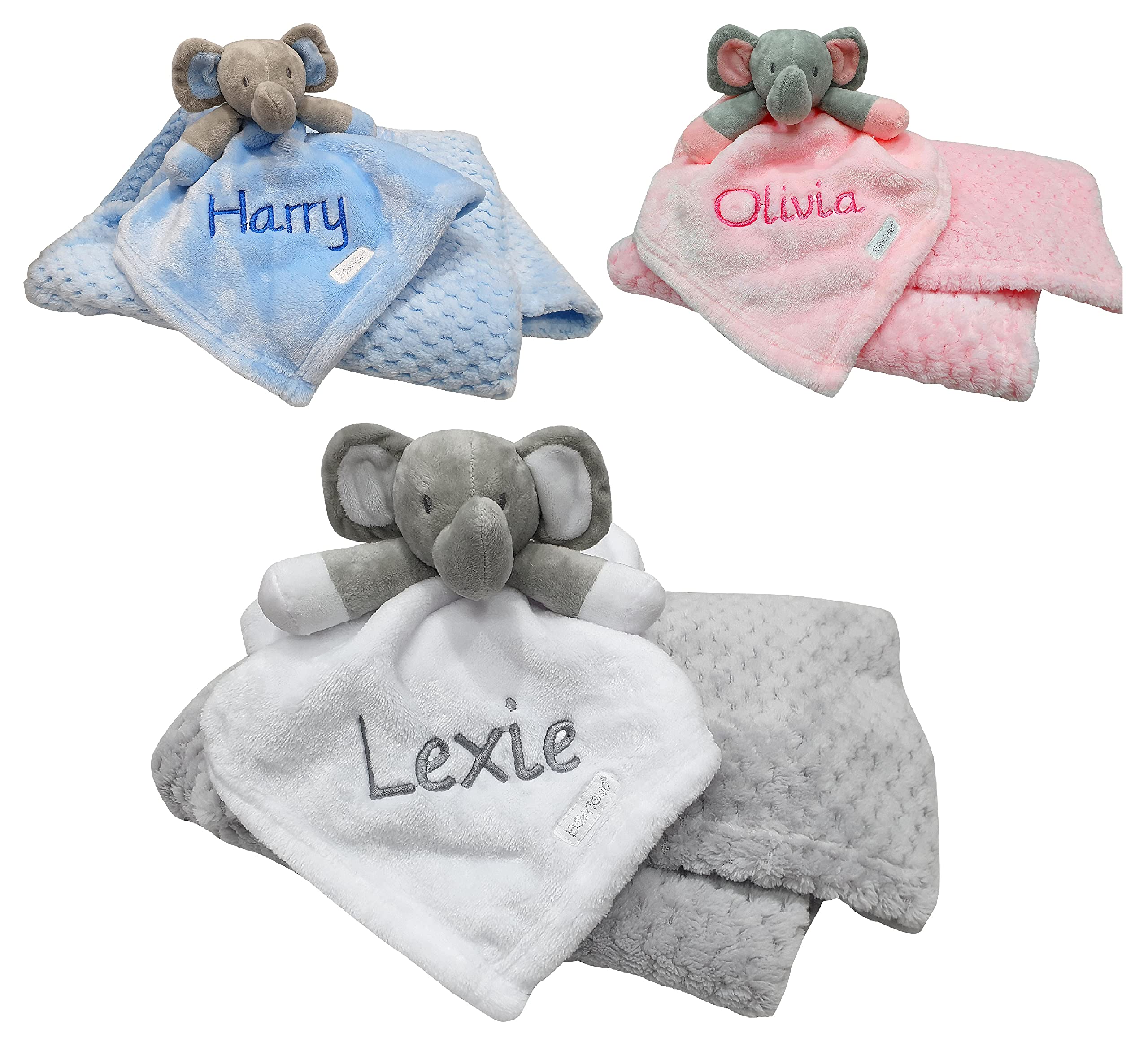 Personalised Baby Gift Sets Embroidered Elephant Comforter & Blanket Personalised Baby Boy/Girl Gift Set Baby Shower (Grey Comforter/Blanket)