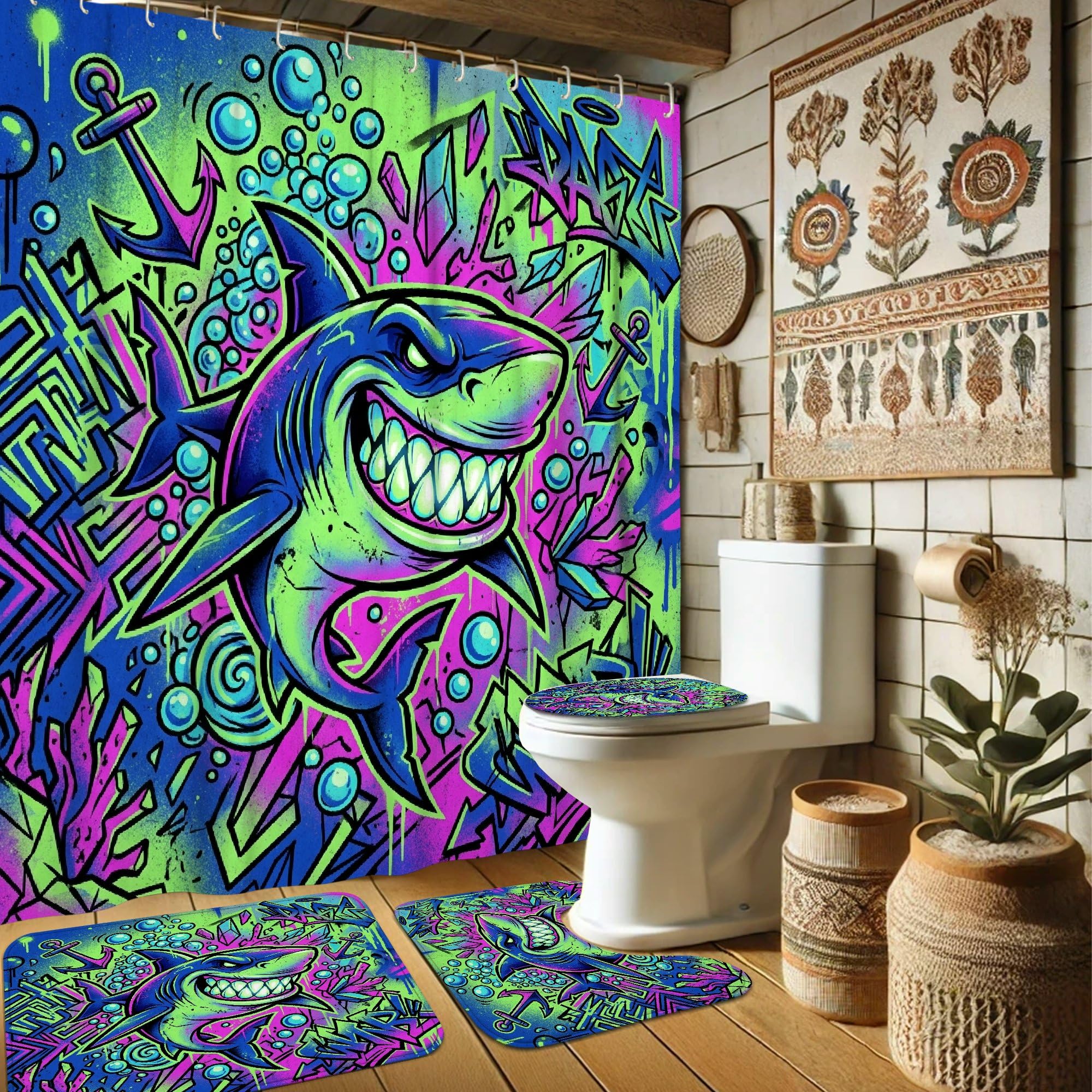 Rideau de douche anti-projections bleu requin 183x183 pour sol toujours sec