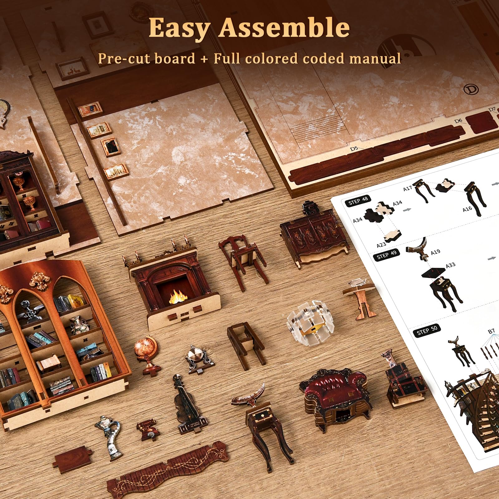 Casa Delle Bambole Kit, 3D in Legno Modellismo da Costruire con Luce Led, Piccola Casa in Miniatura DIY per Adulti, Regali Creativi Artigianali di Natale per il Compleanno (Biblioteca antica)