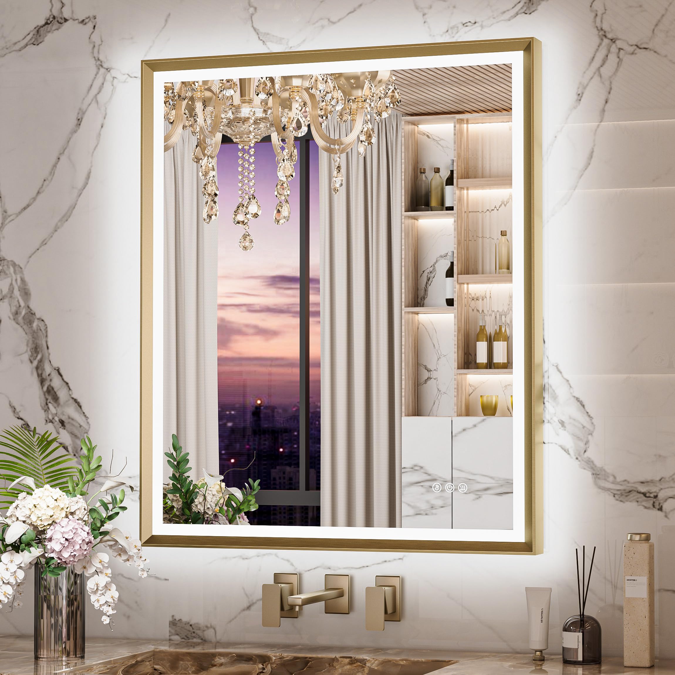 Keonjinn 30 x 36 Inch Gold LED Mirror for Bathroom, Frontlit & Backlit Framed Lighted Vanity Mirror with Stepless Dimmable Tricolors, Anti-Fog, UL-Listed LED Driver, Brighter and No Dark Corner