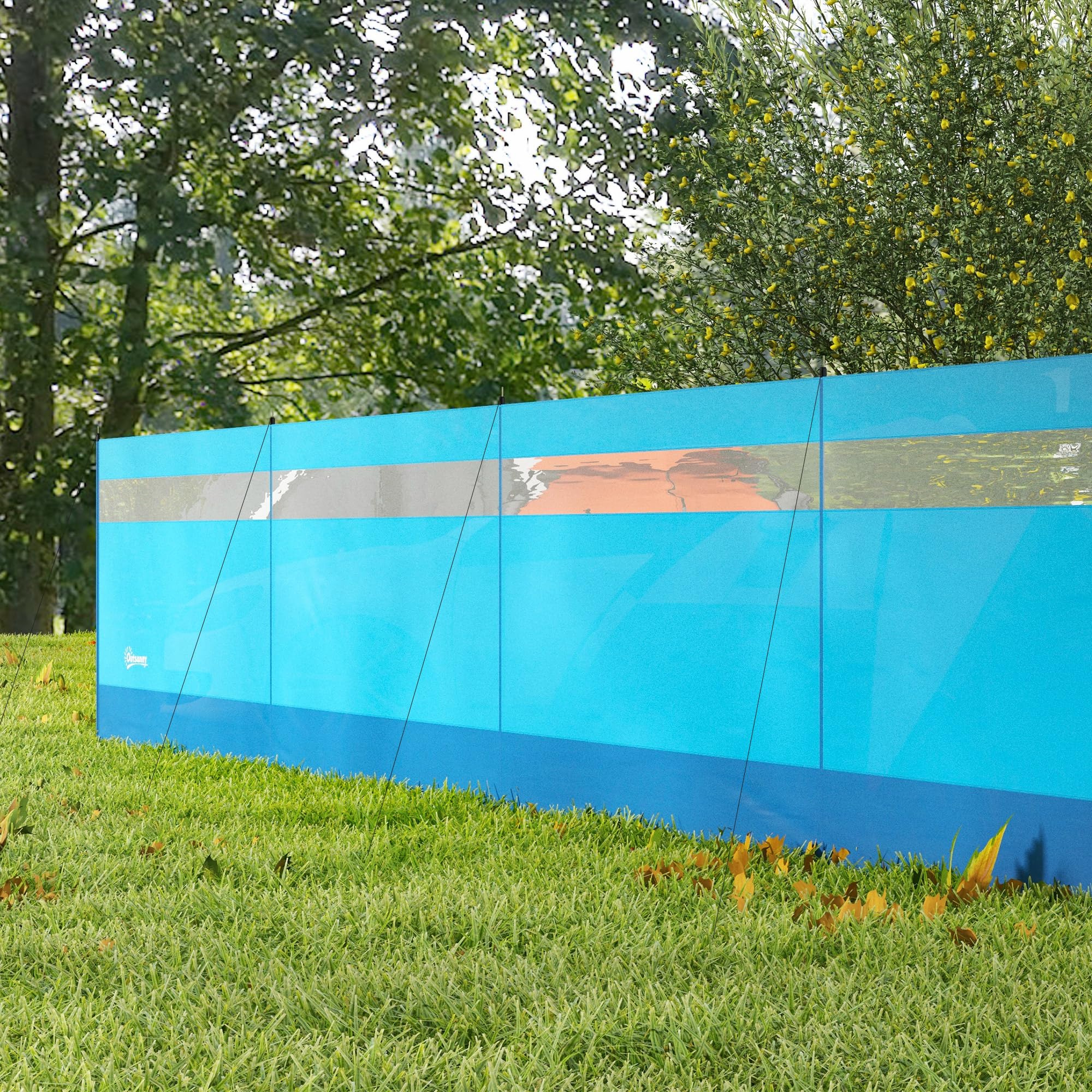 Outsunny Cortavientos para Camping de 4 Paneles, 725x140 cm, Paravientos Playa Impermeable con Postes de Acero, Panel Superior Transparente, Bolsa de Transporte y Estacas, para Playa y Jardín, Azul