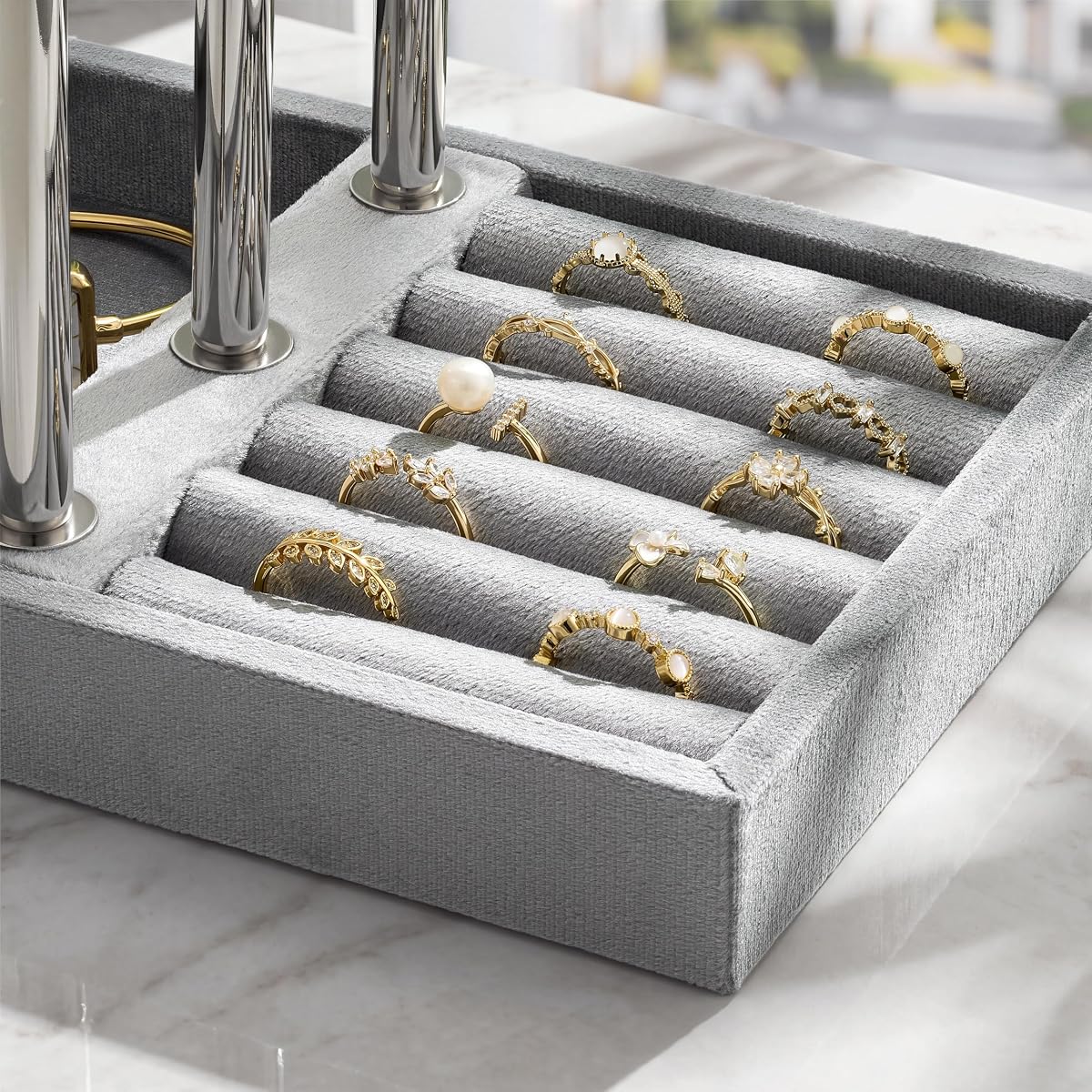 bussdis Jewelry Organizer Stand Display, 3 Tier Velvet Bracelet Holder, Grey