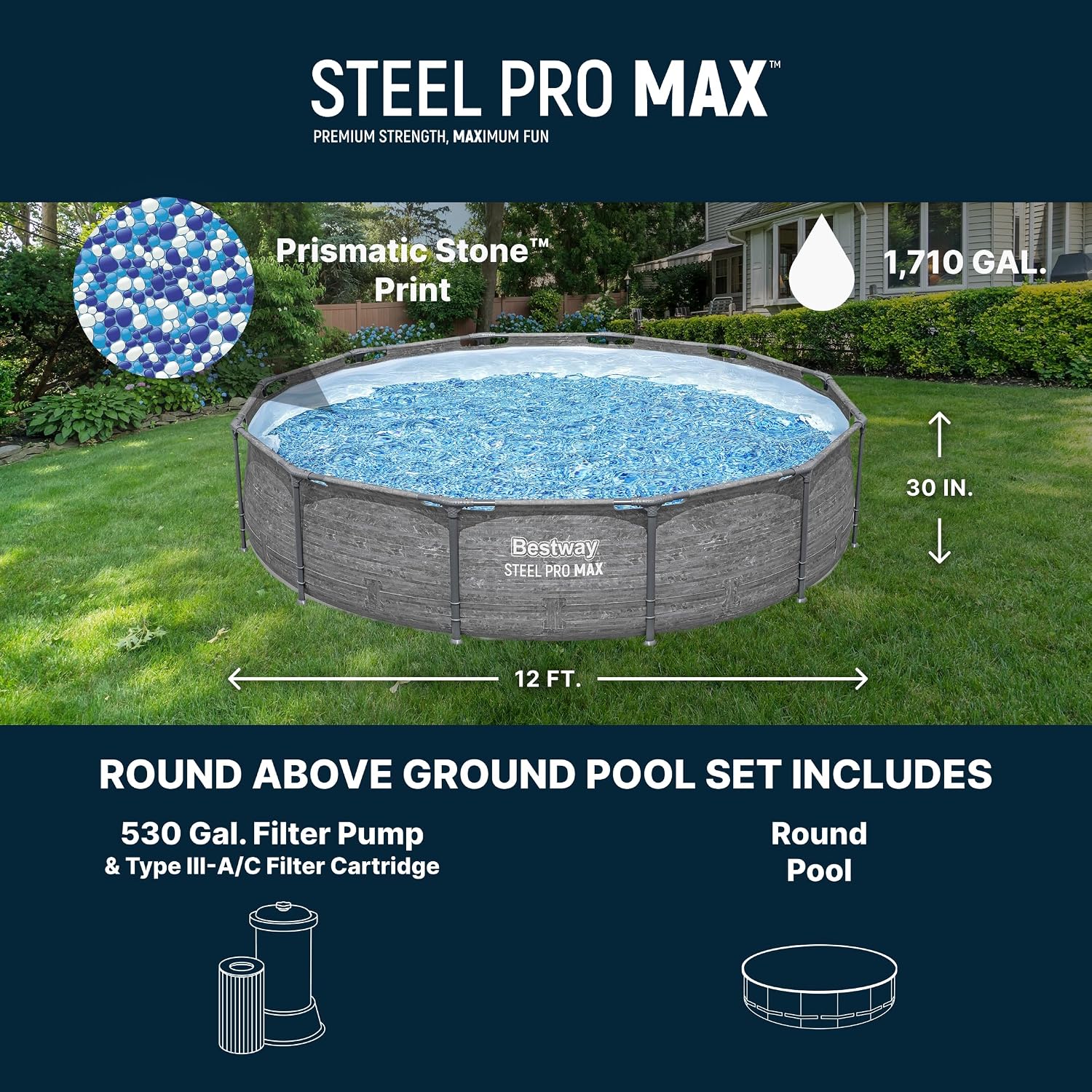 Bestway Steel Pro MAX 12' x 30" Above Ground Pool, Round Metal Frame Outdoor Swimming Pool Set with Filter Pump, Stacked Stone Print
