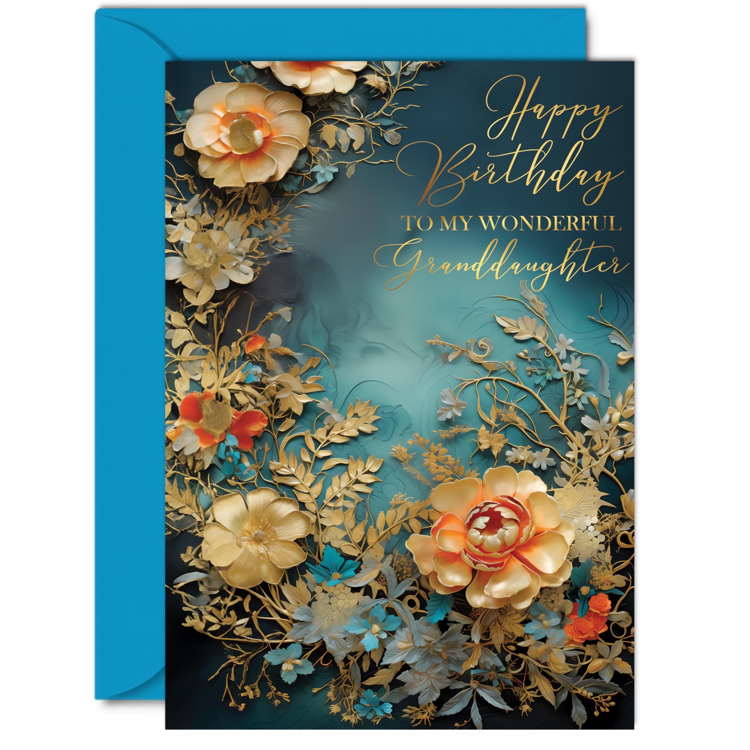 Beautiful Gold Birthday Cards for Granddaughter - Wonderful Golden Flowers - Elegant Traditional Pretty Birthday Card for Granddaughter from Grandparents, 5x7 Inch Gorgeous Greeting Cards Gift