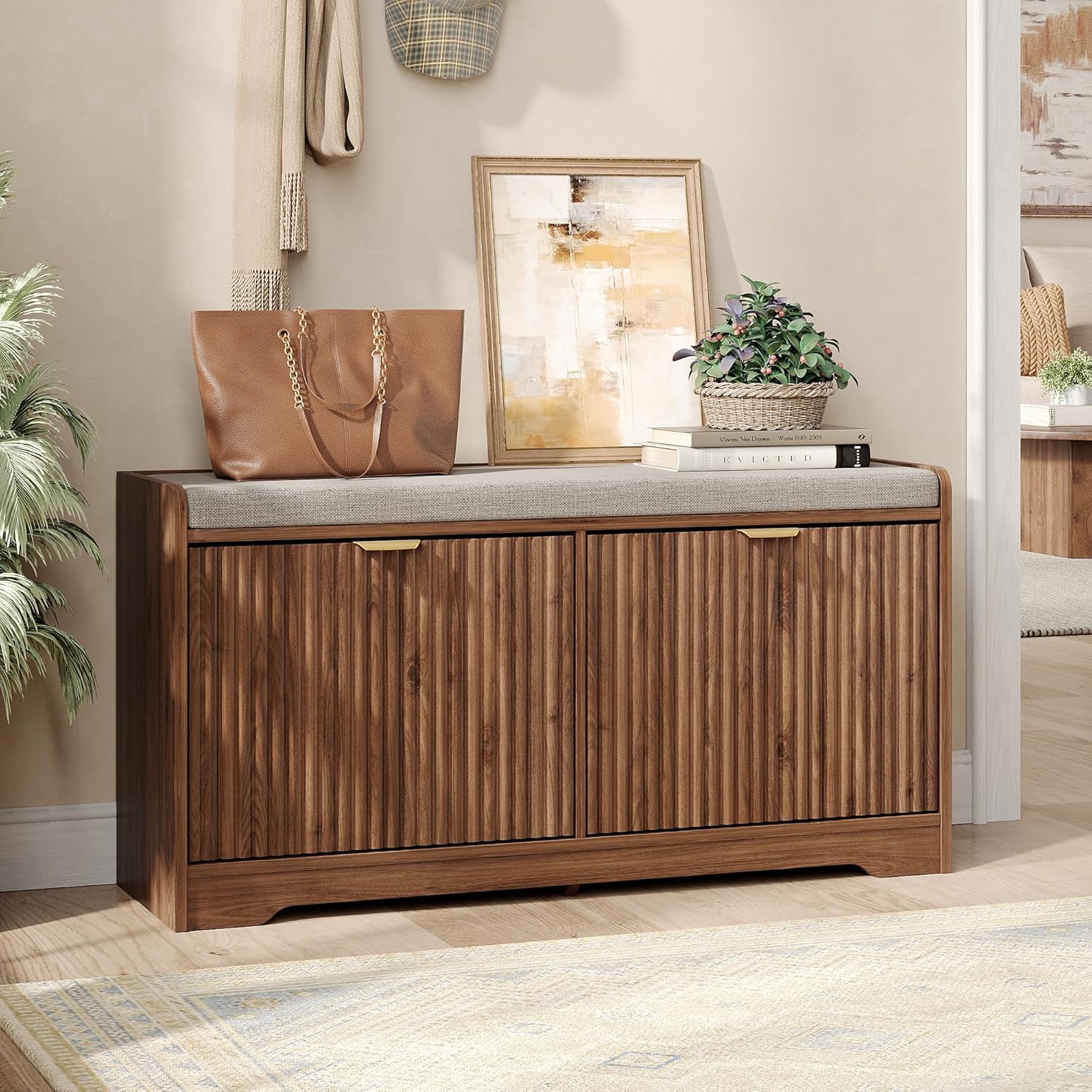 Maupvit 39.4" Fluted Shoe Bench with Storage, Narrow Entryway Bench with Removable Seat Cushion & 2 Flip-Drawers, Shoe Cabinet Bench, Boho Hidden Shoe Rack for Entrance, Hallway, Living Room (Walnut)