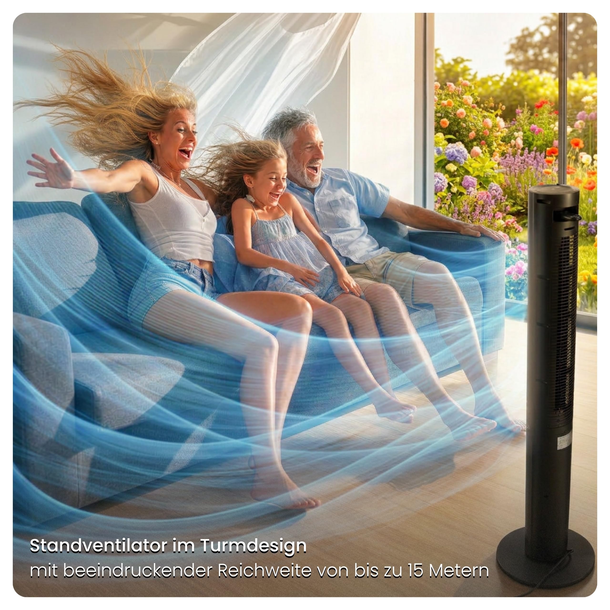 Turmventilator 115cm WiFi Tuya MAX, Ionisator, Orkanartiger 8,5m/s Wind, Nachtlicht, Oszillation, Timer, LED Display, Design Standventilator, Tower Fan, Ventilator leise Schwarz