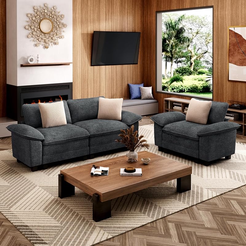 MIXPATIO Modular Loveseat Couch and Single Chair Set Chenille Blue