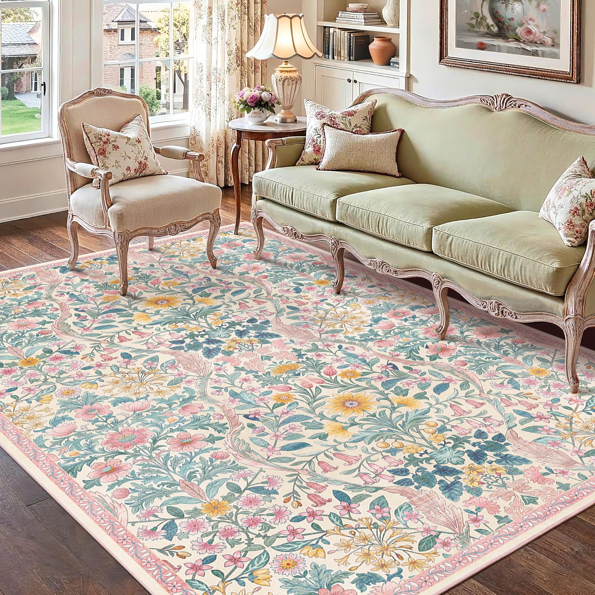 Floral Area Rug 5x7 Washable Botanical Carpet for Living Room