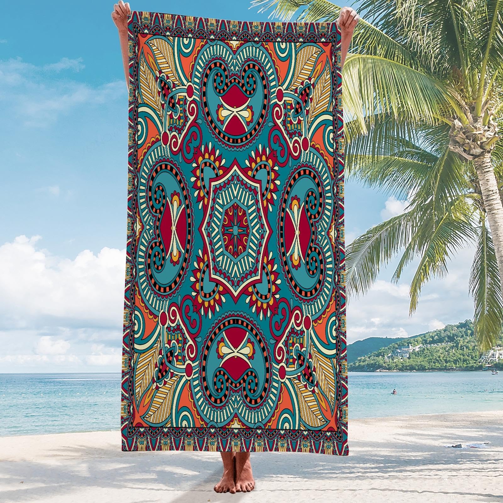 Mandala Microfibre Beach Towels For Adults, Vintage Indian Hippie Boho Personalised Beach Towel, Birthday Gift for Bath, Beach, Summer, Pool Party, Gift for Family,Friend
