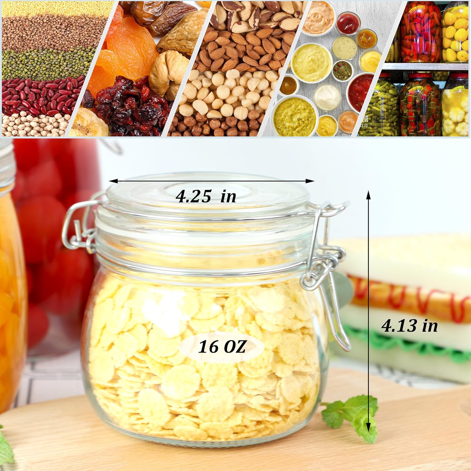 Glass Jar With Airtight Lid 16 Oz (Set Of 2) Wide Mouth Airtight Food Storage Containers Leakproof Canister For Coffee,Sugar,Chocolate Chips,Canning,Candy,Cereal,Spice,Pickle,Cookies,Dried Fruits - Image 4