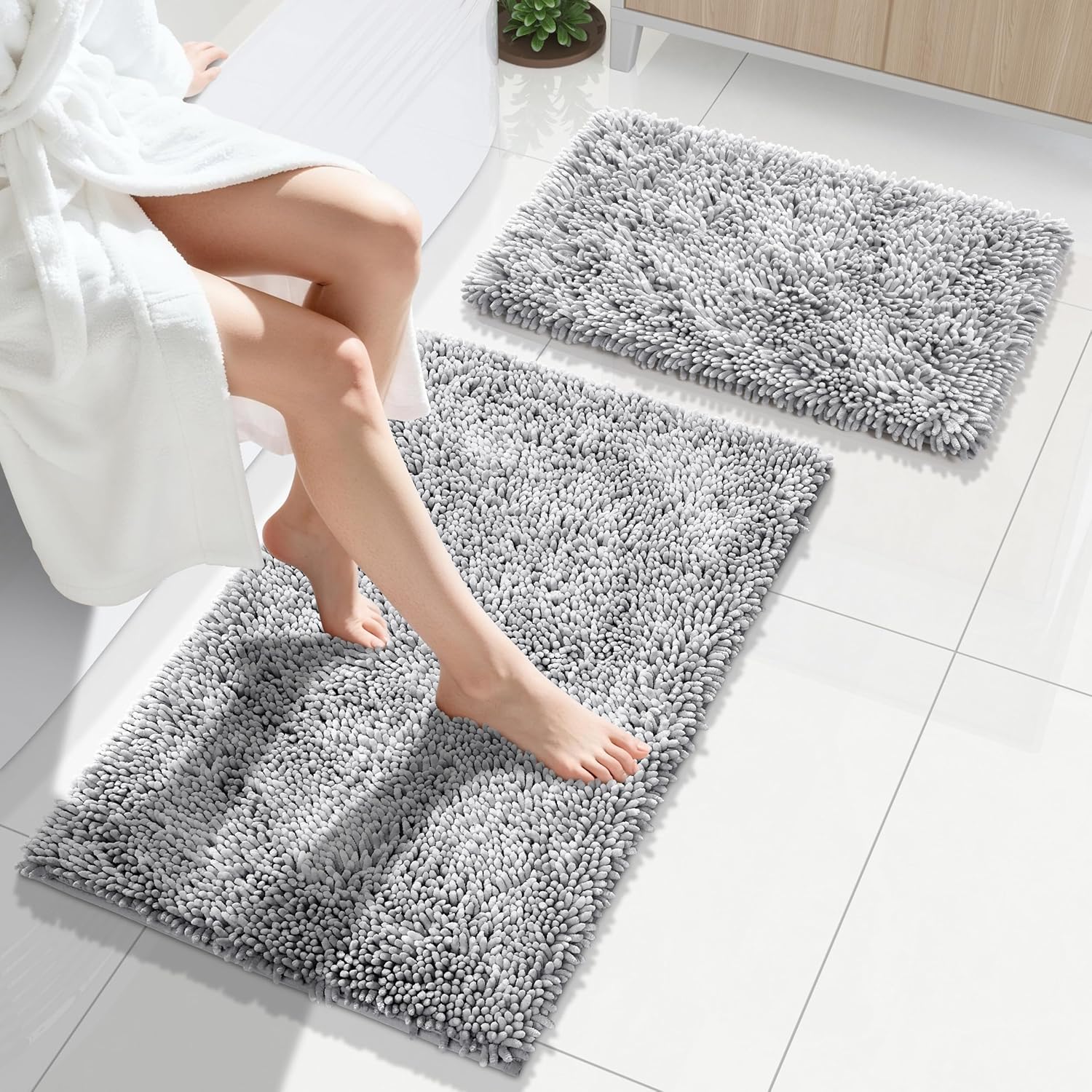 Yimobra Bathroom Rug Set 2 Piece, Luxury Shaggy Bath Mat Set with Non Slip Backing, Ultra Soft & Absorbent Mats for Bathroom Floor, Machine Washable, 31.5"x20"+24"x17", Light Grey