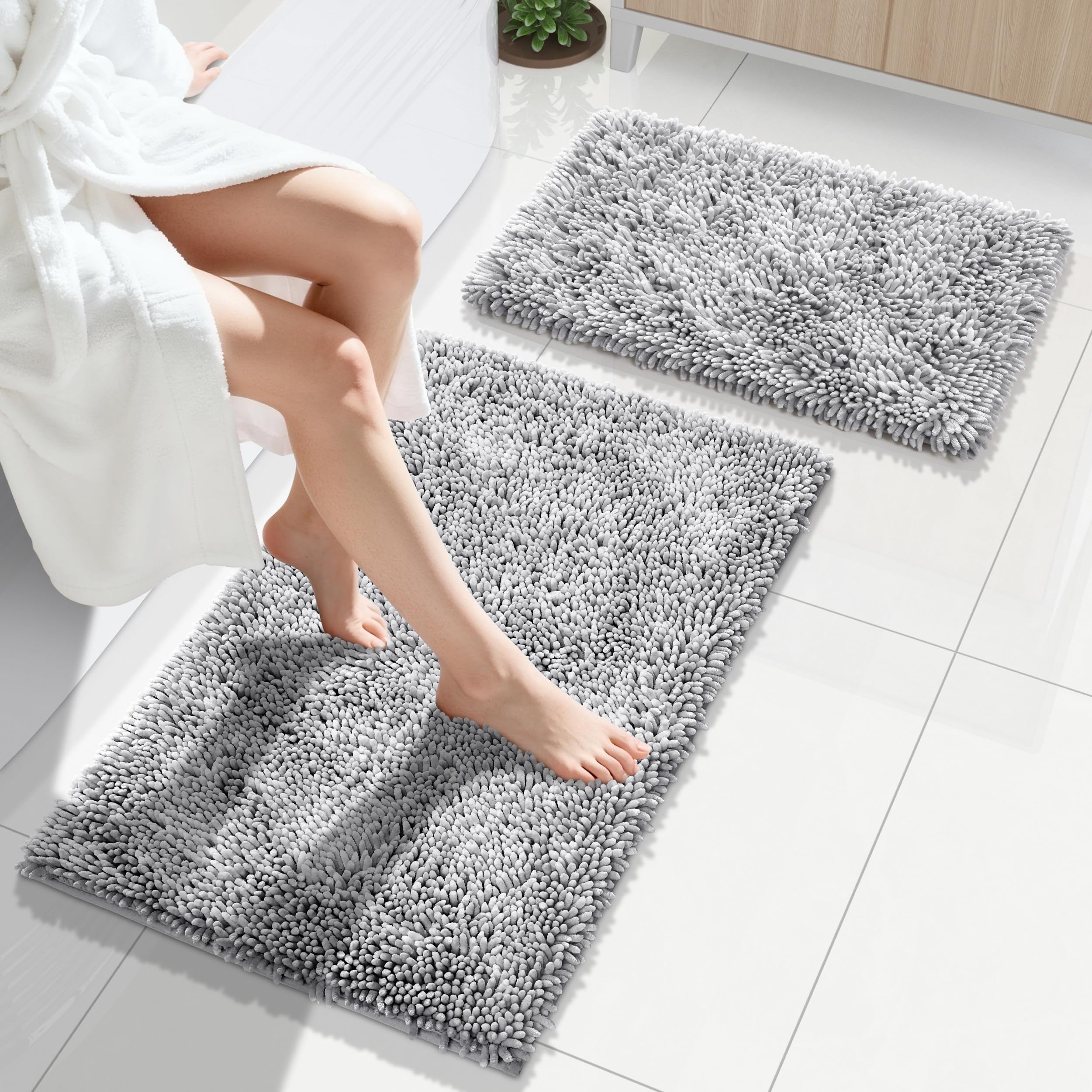 Yimobra Bathroom Rug Set 2 Piece Luxury Shaggy Bath Mat Set with Non Slip Backing Ultra Soft Absorbent