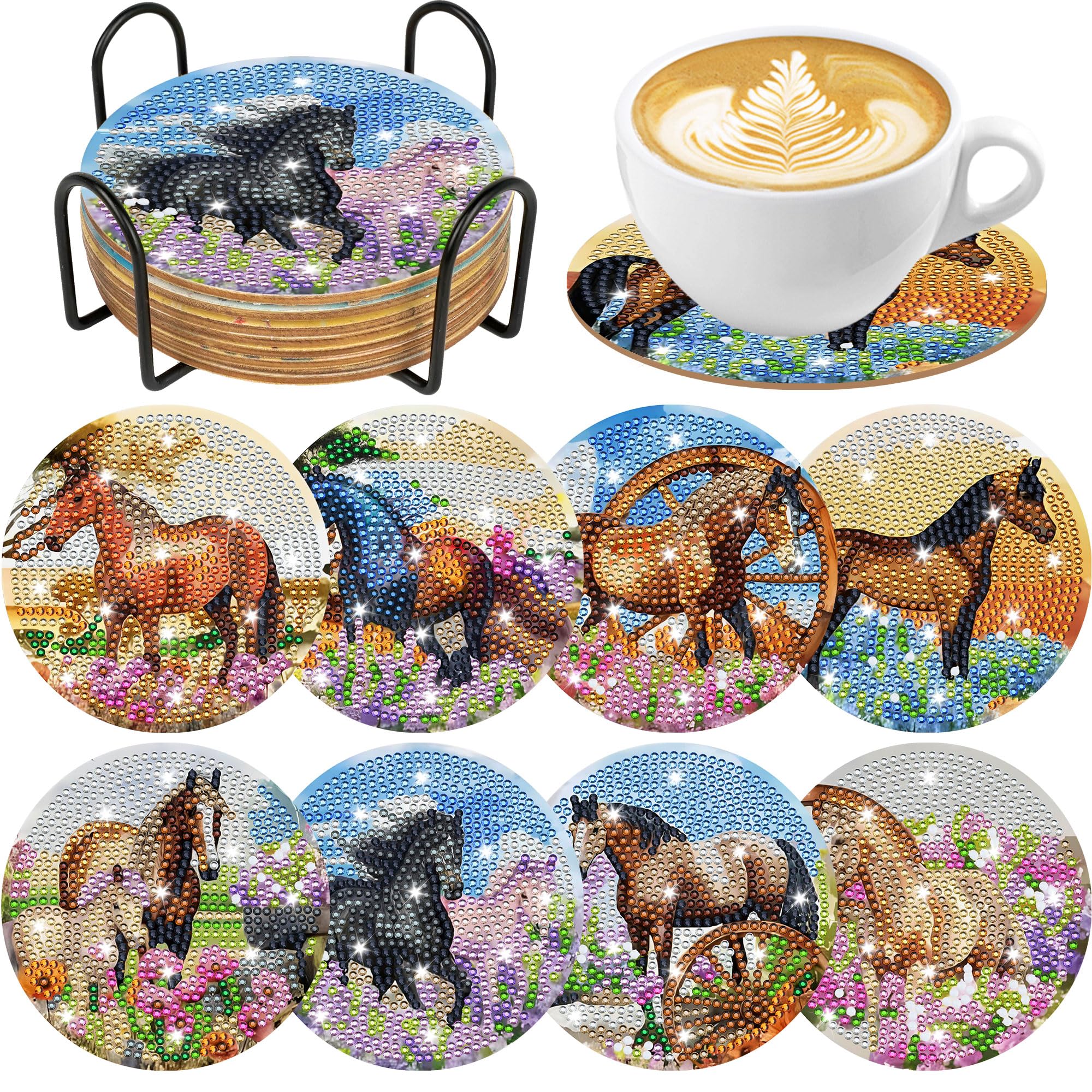 Spring Horse Diamond Art Coasters: 8 Pcs Standing Horse Diamond Painting Coasters with Holder, DIY Crafts Kit for Adults Beginners Home Decor Gifts