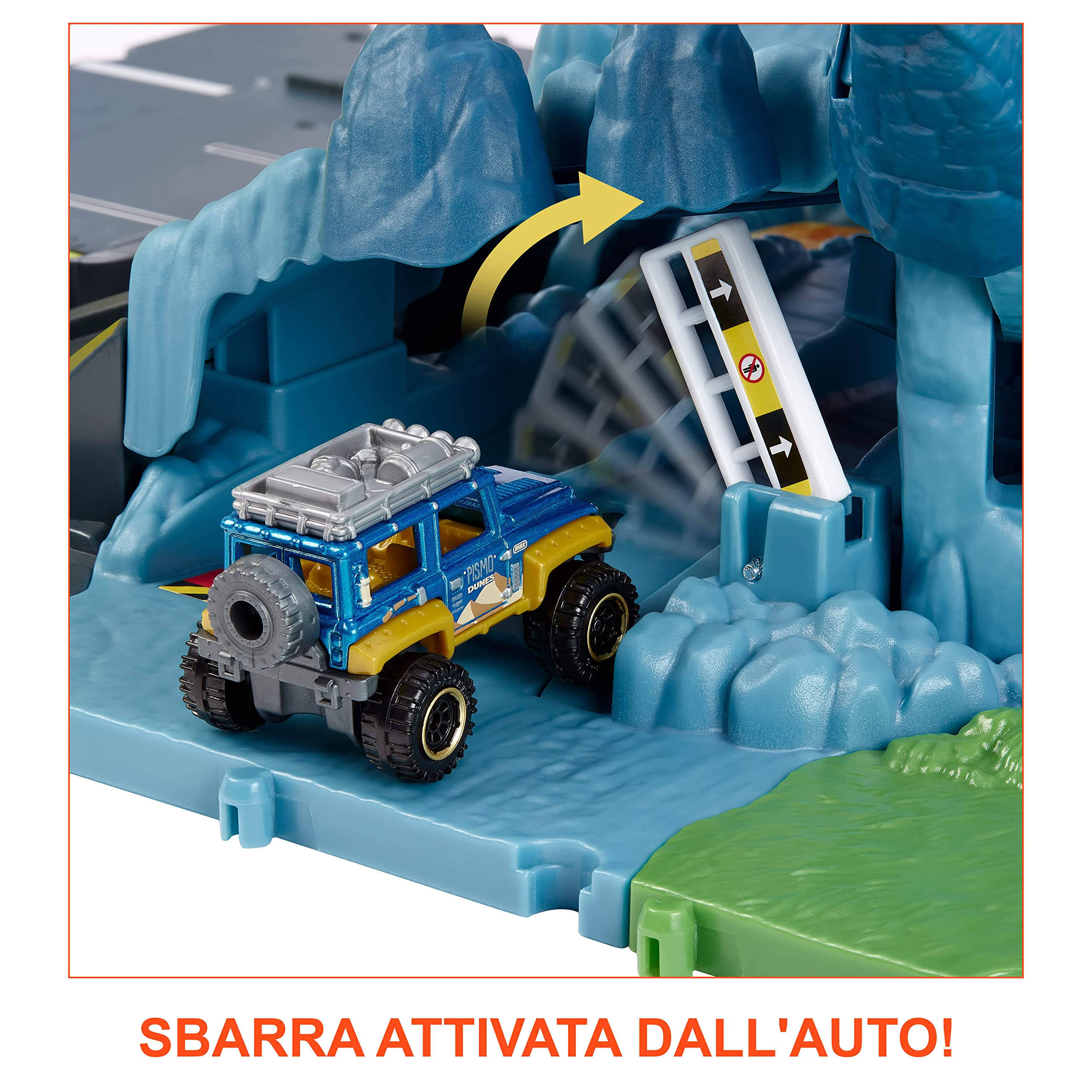Matchbox - Fuga dal Vulcano Playset, include 1 veicolo Matchbox, funzioni, luci e suoni del vulcano che erutta attivabili con le macchinine, Giocattolo per Bambini 3+ Anni, HHW21
