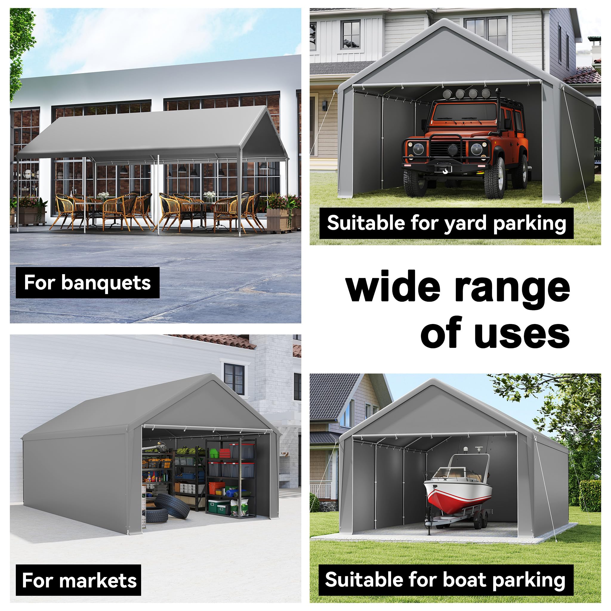 HENGMEI Zeltgarage Große Carport Garagenzelt Autoüberdachung Garagenüberdachung Lagerzelt UV-beständig Wasserdicht Unterstand mit Roll-up-Fenster (4x6 m, Grau)