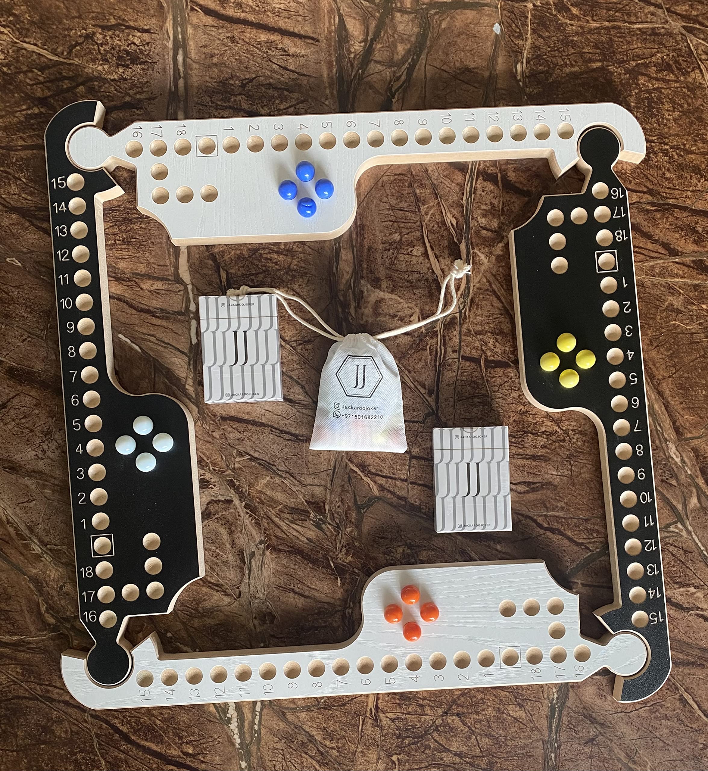 JackarooJoker Wood Board Game (3,4,5,6,7,8 Players) Jakaro with Marbles and Cards جاكارو لغاية 8 لاعبين مع الاحجار و اوراق العب