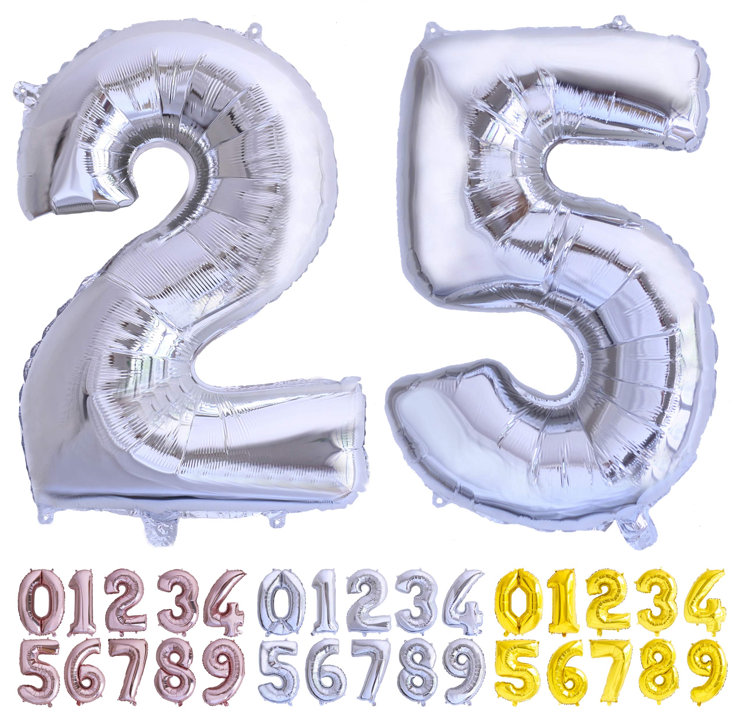 Globo numero 25 o 52 plata. Globos Gigante números 2 5 fiestas cumpleaños decoración fiesta aniversario boda tamaño grande 70 cm con accesorio para inflar aire o helio