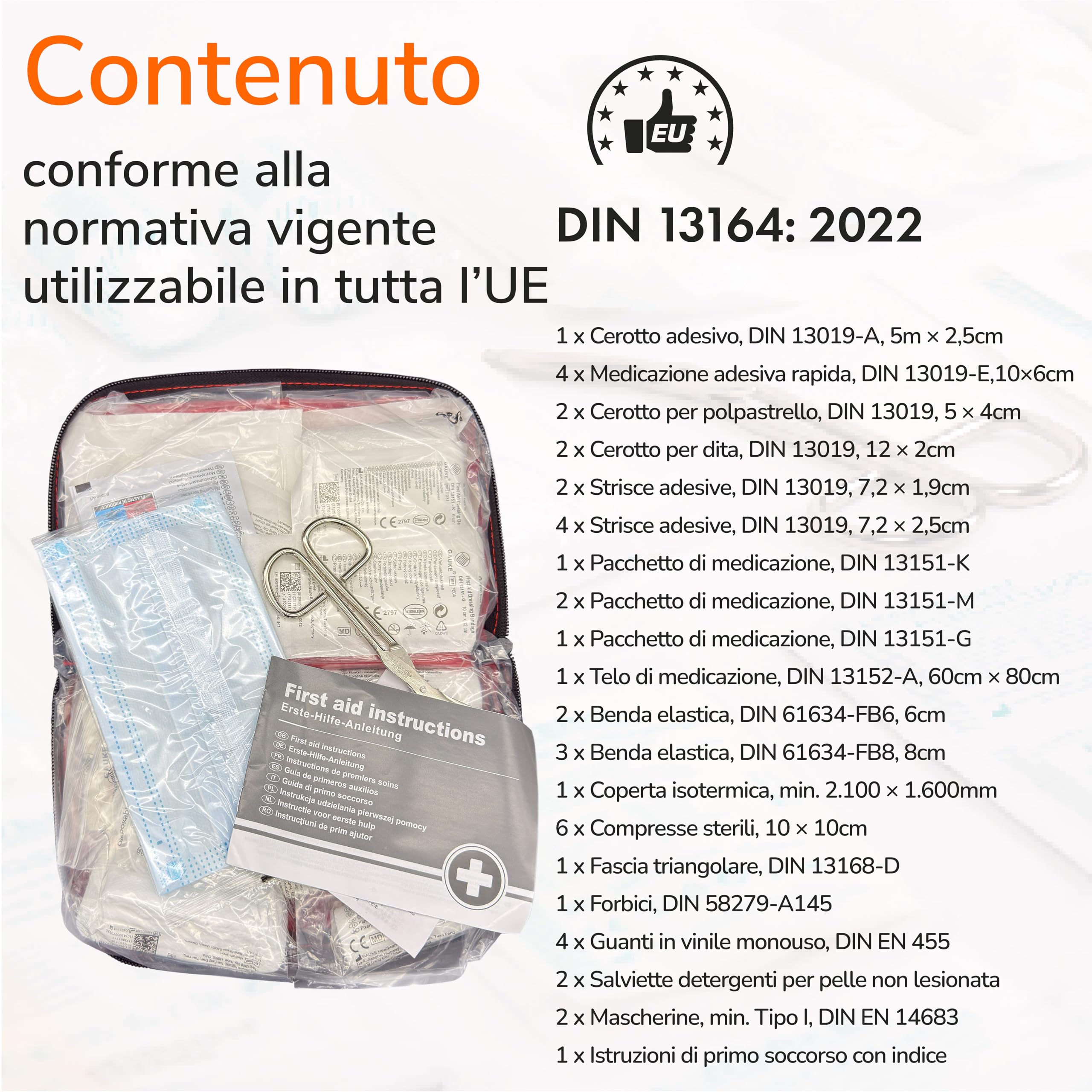 Upgrade4cars Kit di Primo Soccorso Auto 2026 DIN 13164 Set Valido in Tutta Europa | Borsa di Medicazione anche per Casa e in Viaggio