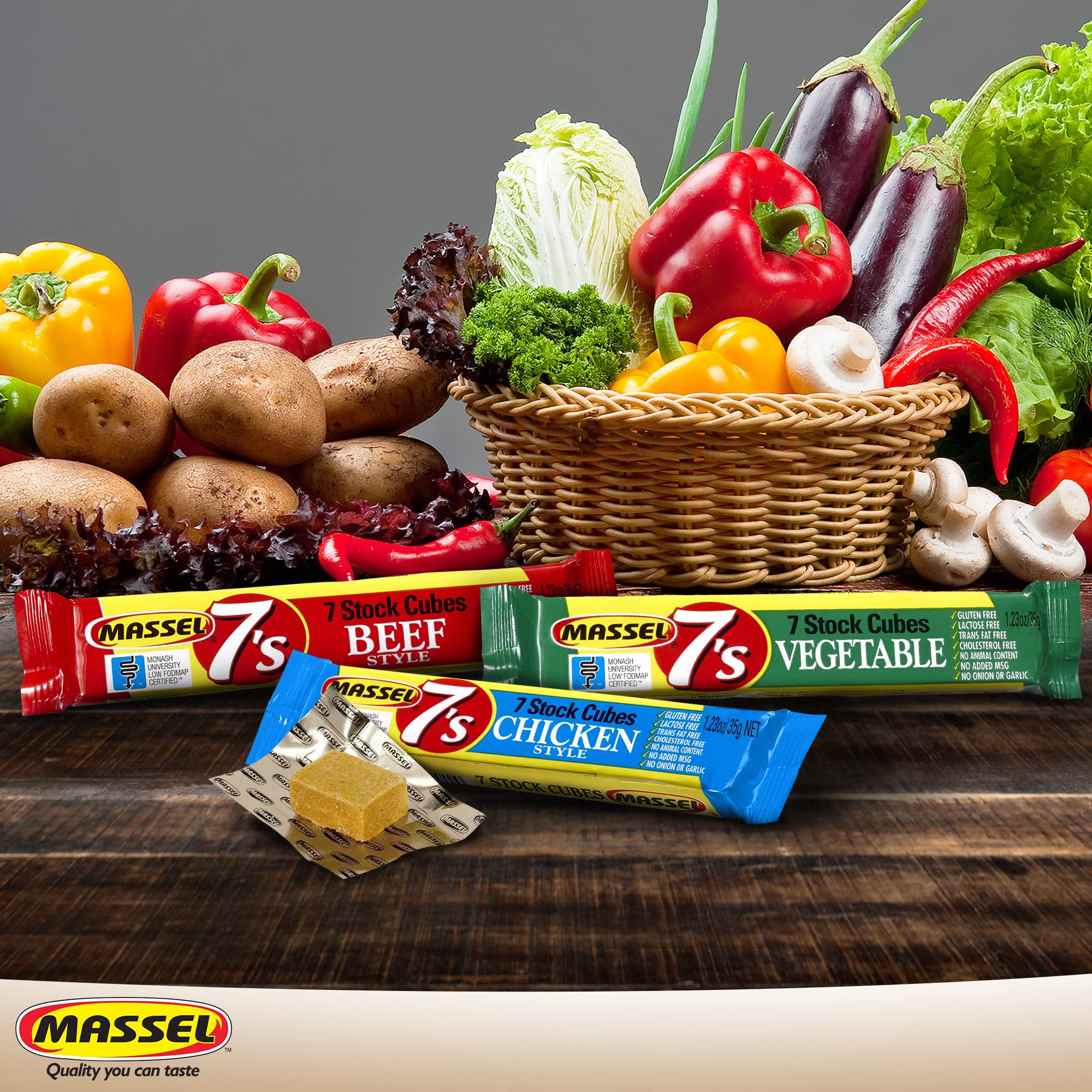 Massel 7's, Low Fodmap Stock Cubes, Variety, Vegan & GlutenFree, PocketSized Broth Cubes, Beef