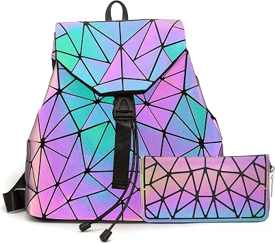 Geometric Womens Backpack Geometries Glow Large Purse Backpack Geometrical Luminous Bag Holographic Travel Bags Retro Daypack for Casual, Wallet Set-H