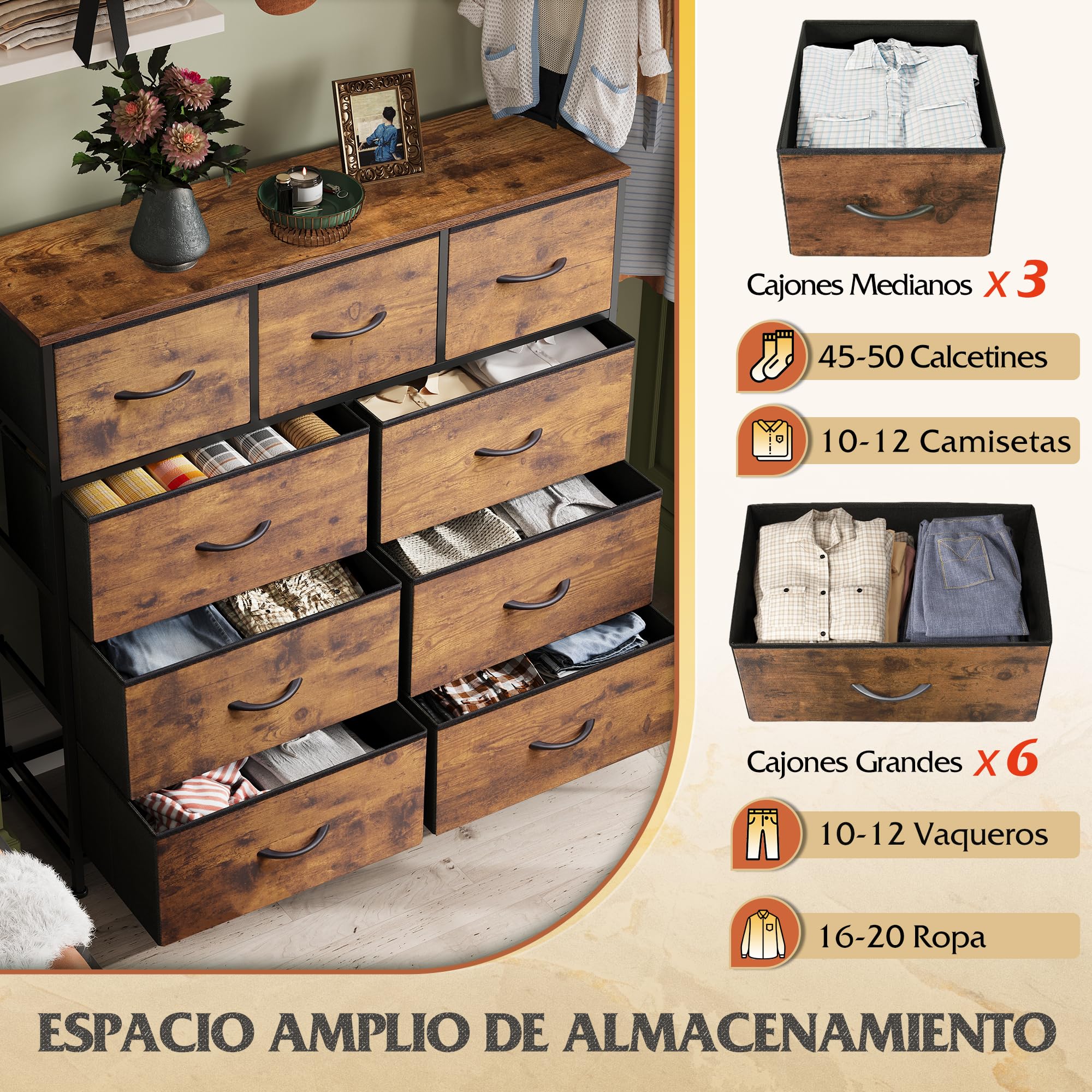 WLIVE Cómoda de 9 Cajones, Gabinete con Parte Superior de Madera y Estructura de Acero para Dormitorio, Sala de Estar, Pasillo, Madera Rústica