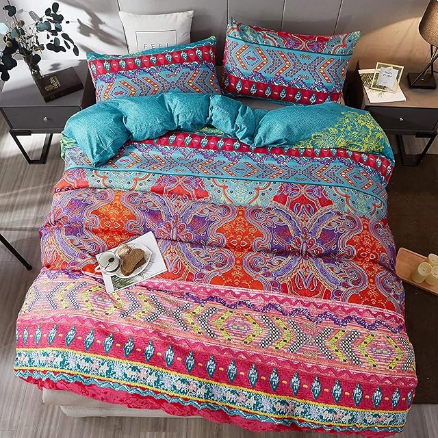 Gafance 3PCS Indian Style Geometric Printed Duvet Cover Double Bed Set, Exotic Checkered Bedding Linen Set, Ultra Soft Comforter Cover with Zipper Closure, Boho Quilt Cover 200X200 CM & 2 Pillowcases