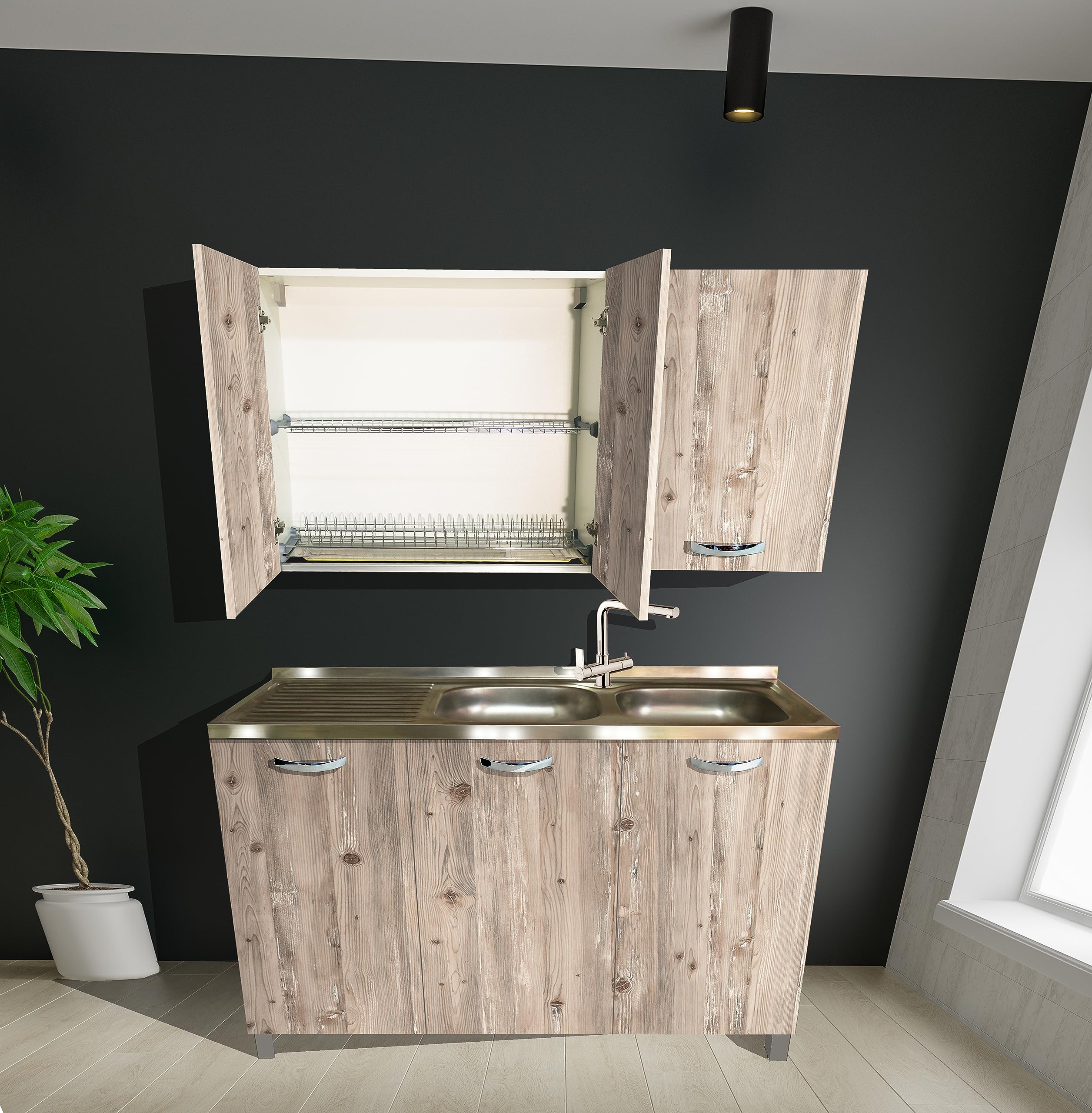 MABEL Scolapiatti Pensile Node 2 Ante Mobile Cucina - Finitura Legno, Facile da Montare, Griglia, Portabicchieri, Vaschetta Raccogligocce - L 80 x P 35 x H 70,5 cm