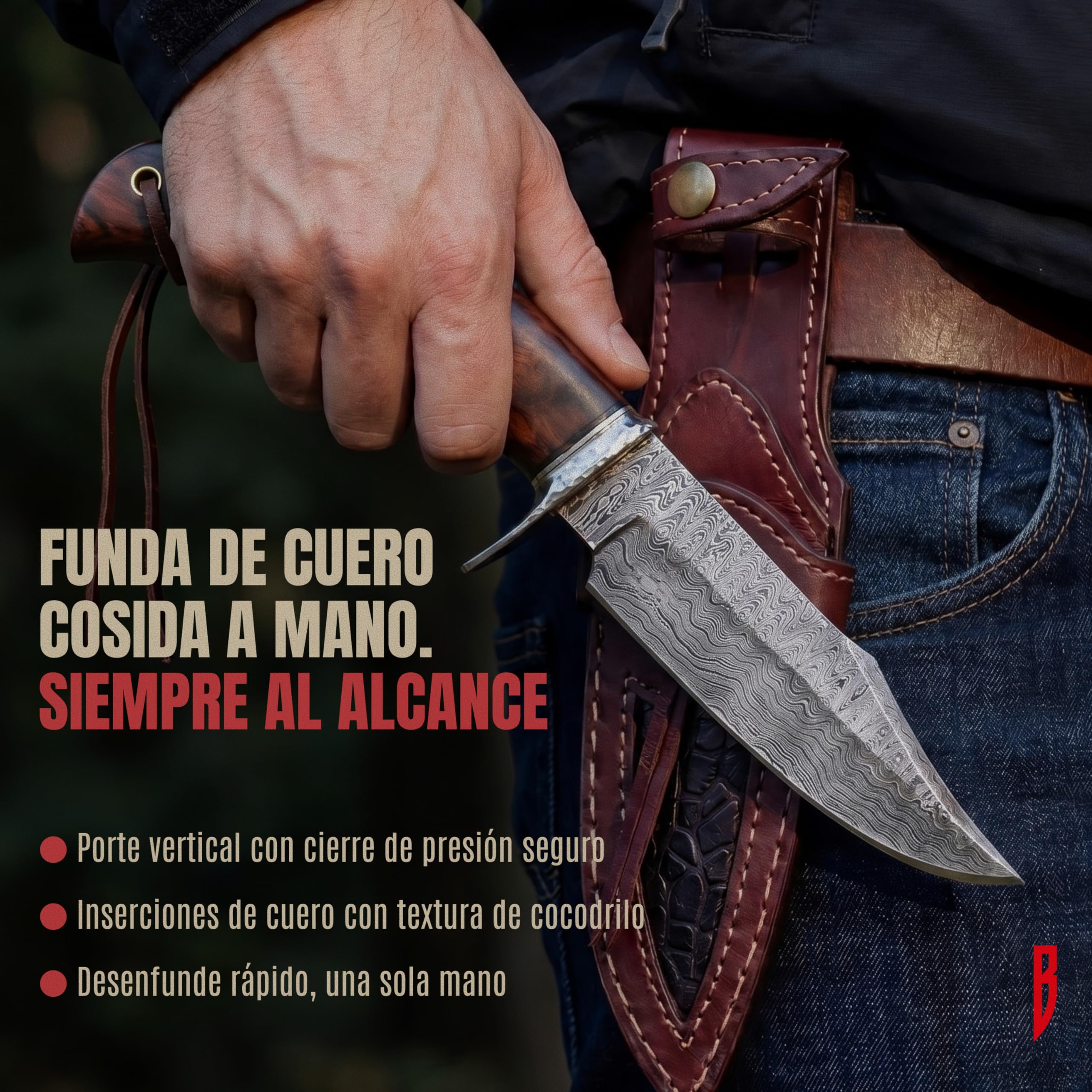 BIGCAT ROAR Cuchillo de Caza Premium Hecho a Mano de Acero de Damasco con Funda - 25 cm Hoja Fija con Mango de Madera de Nogal - Cuchillo Multiuso para Hombre - Bear Hunter