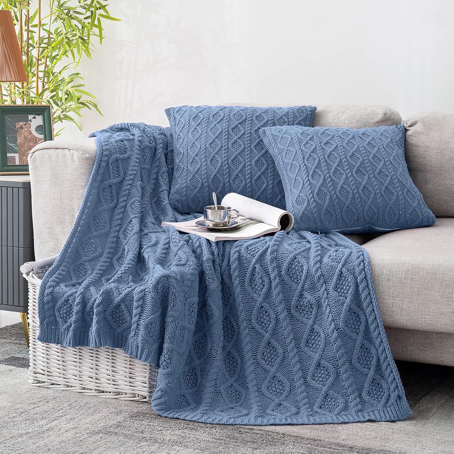 Homiest Cable Knit Throw Blanket and Pillow Set, Dusty Blue