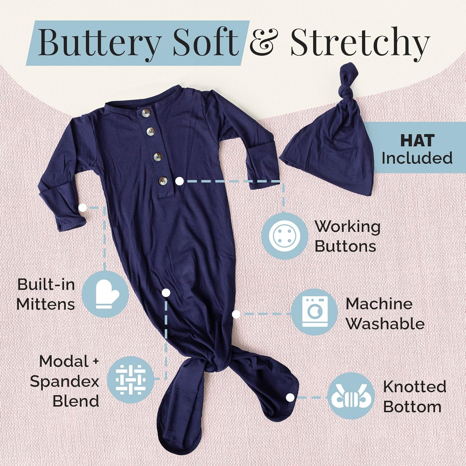 Stroller Society Newborn Knotted Baby Gown and Hat Set for Baby Boy or Baby Girl