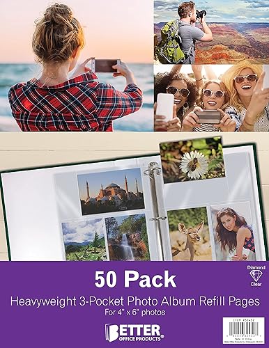 Miniatura 8 de Better Office Products Hojas de repuesto para álbum de fotos, formato mixto de 4 x 6 pulgadas, peso pesado, 3 anillos transparentes de diamante, 300