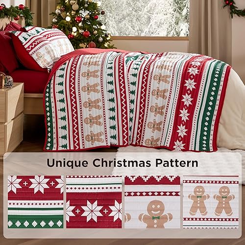 Miniatura 7 de Bedsure - Juego de colcha navideña, juego de ropa de cama de Navidad con patrón estampado a rayas de hombre de jengibre, ligera, de microfibra