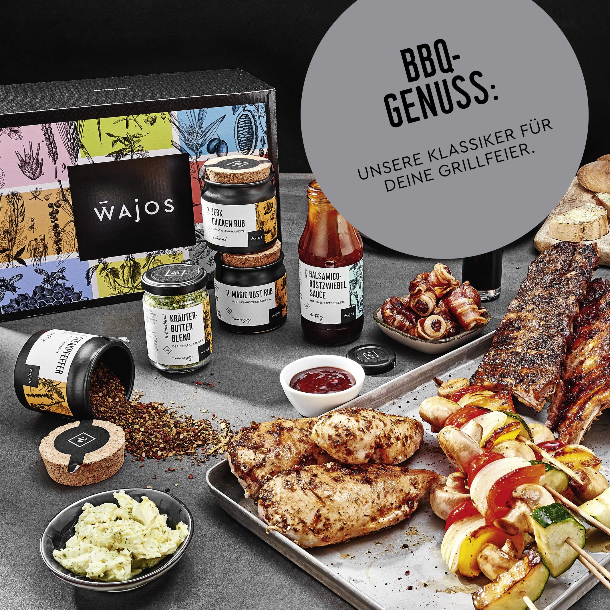 WAJOS Geschenkset für Grillmeister: BBQ-Saucen, Öl, Grillgewürze & mehr - Grill Geschenke für Männer - Inkl. Grillrezepten