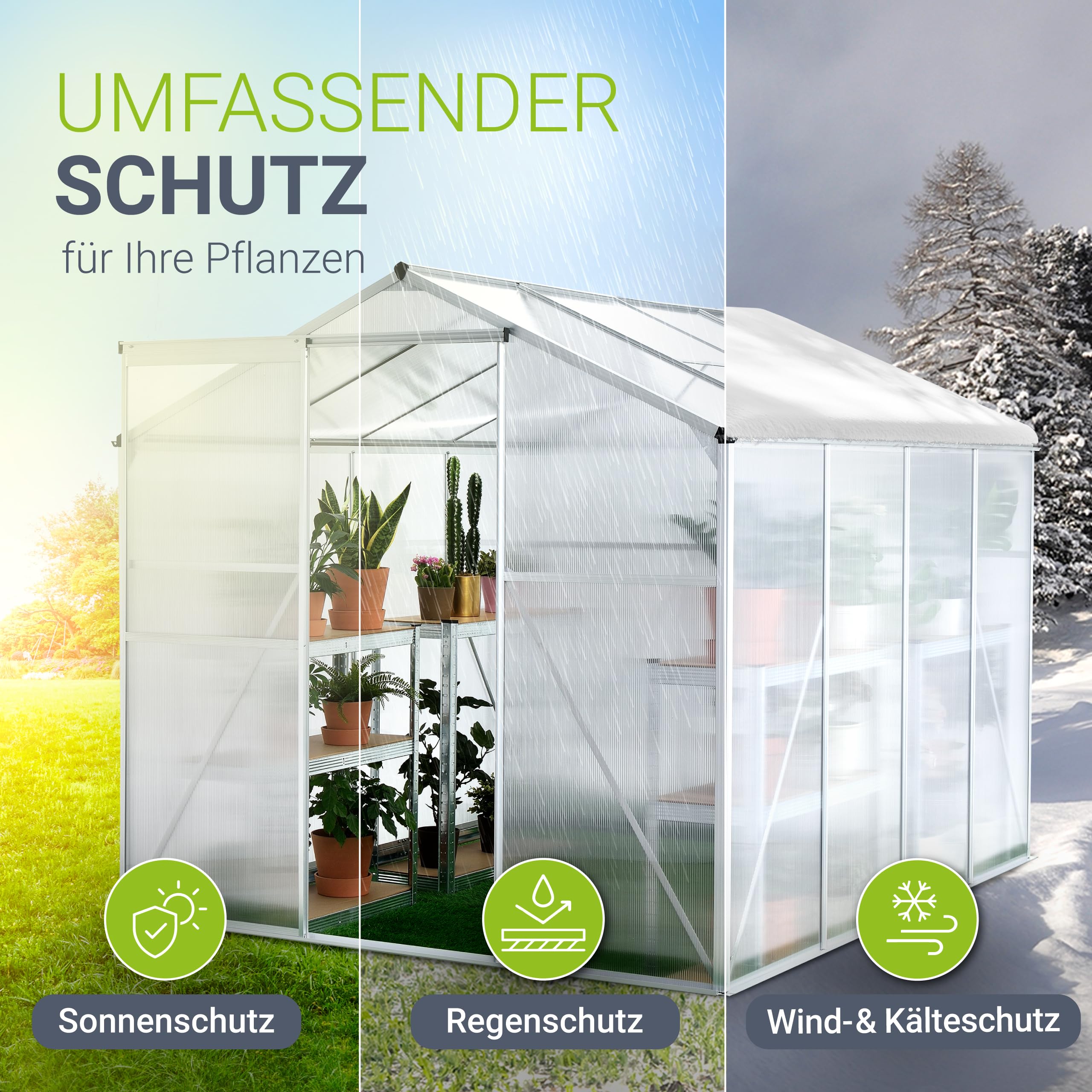 JUSKYS® Aluminium Gewächshaus mit Fundament 4,75 qm - 190 × 253 cm - 1 Dachfenster & Schiebetür - 4 mm Platten - Garten Treibhaus Pflanzenhaus