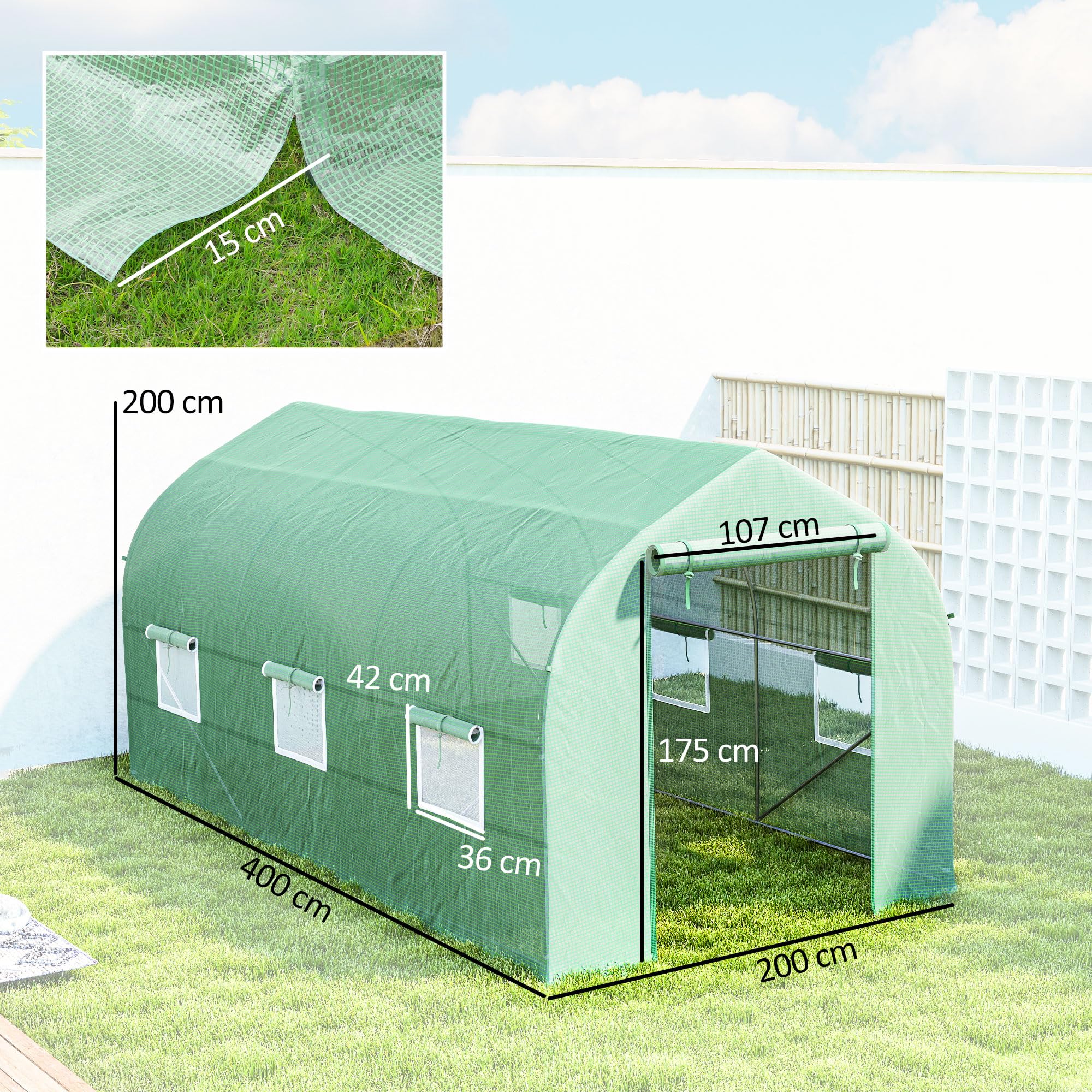 Outsunny Invernadero de Jardín 4x2x2 m Invernadero de Túnel con 6 Ventanas Transpirables y Puerta Enrollable con Cremallera Huerto para Cultivo Plantas Verduras Verde