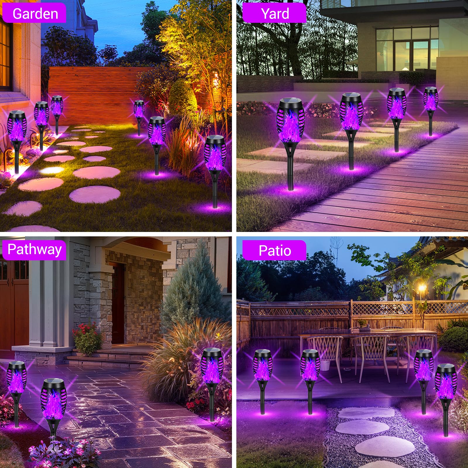 Luces solares para exteriores, decoraciones de Halloween, paquete de 4 luces solares moradas mejoradas con llama parpadeante, luces de Halloween impermeables para exteriores, antorchas Tiki para