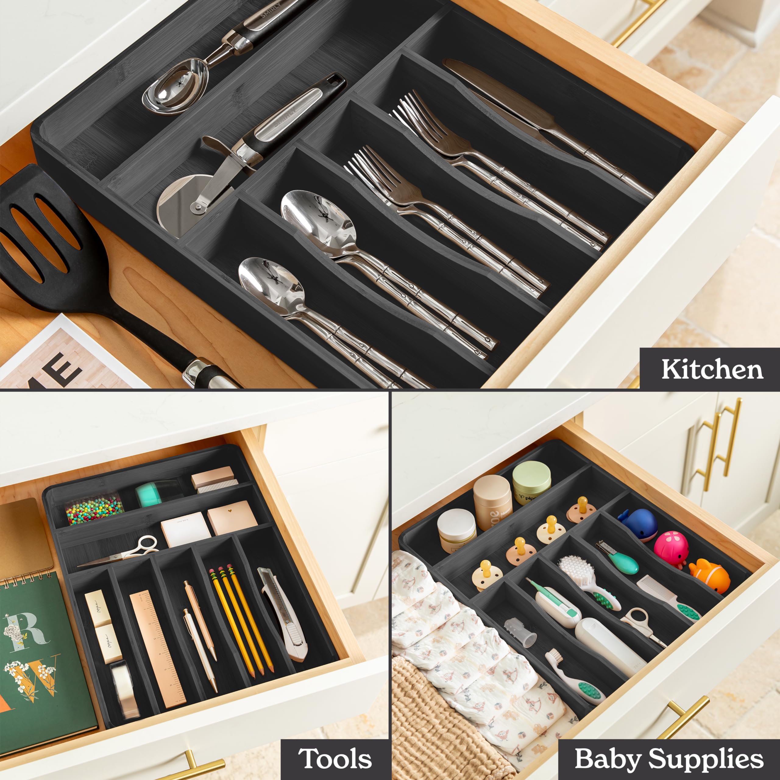 SMIRLY Bamboo Silverware Drawer Organizer - Kitchen Drawer Organizer, Kitchen Utensil Organizer for Kitchen Drawers - Silverware Tray for Drawer (Black, 7 Compartment)