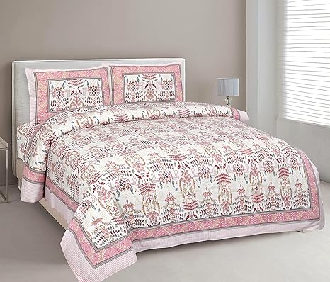 EasyGoods 100% Pure Cotton Rajasthani Jaipuri Sanganeri Print Double Bedsheet with 2 Pillow Covers | Monarch Bedsheet for Double Bed King Size| 240 TC Premium Flat Bed Sheet (93 x 108 Inch, Peach)