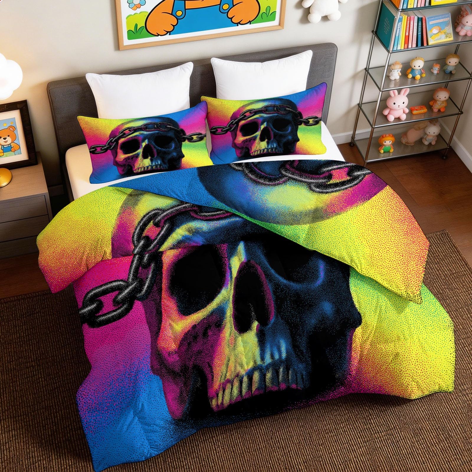 Edredón de 135 x 200 cm amarillo de 4 estaciones con diseño de calaveras y fundas