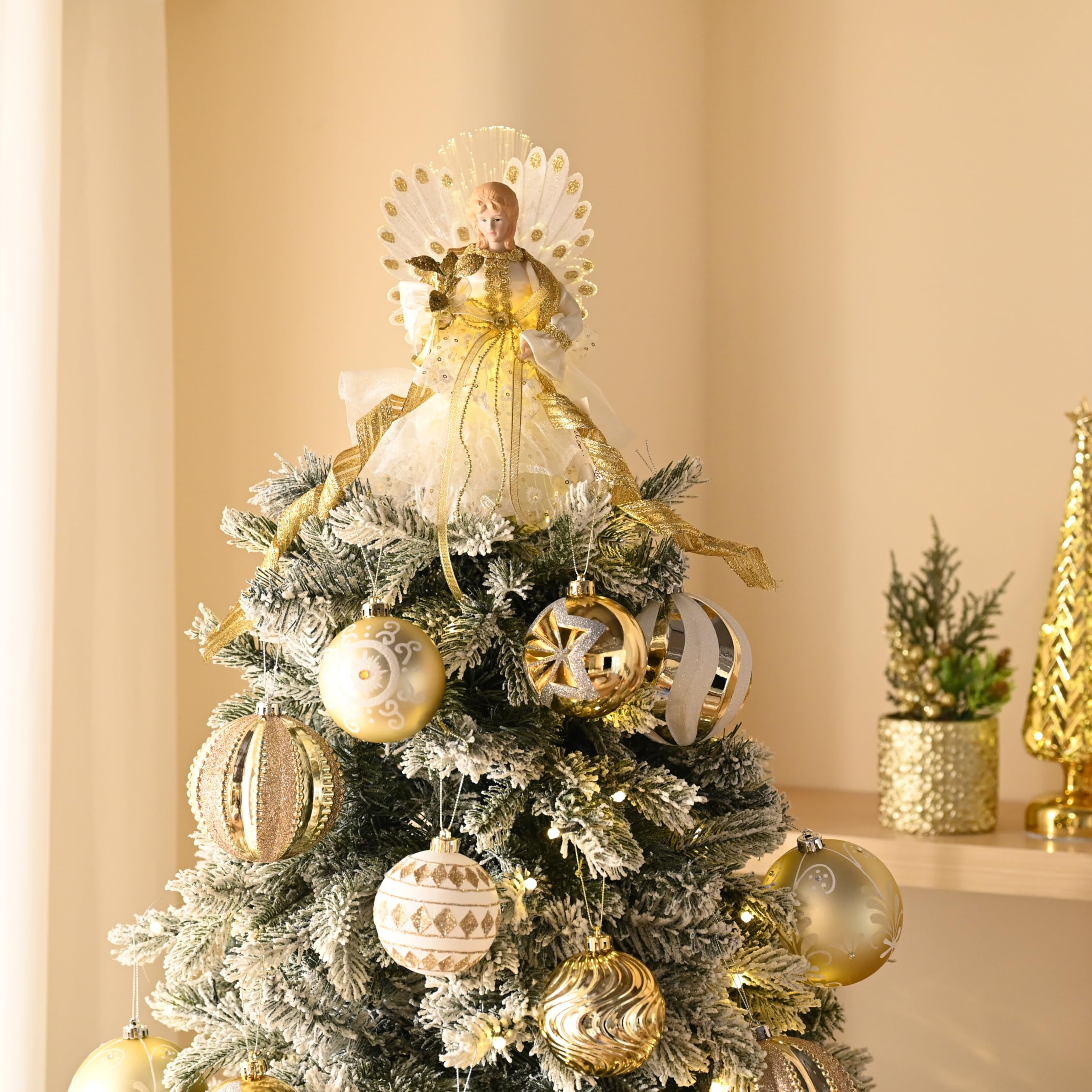 Valery Madelyn 26cm Weihnachtsengel Weihnachtsbaumspitze Weihnahctdekorationen Engel Christbaumspitze mit 10 batteriebetrieben warmen LED-Lichtern Weiß Golde（M）