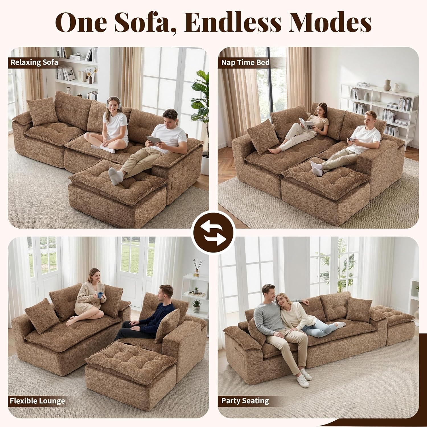 Korser 110" Cloud Sectional Couch with Ottoman, Modern Modular Sectional Sofa with Deep Seat, Upholstered Boneless Couch for Living Room, L Shaped Sofa with Layered Cushion (Brown, No Assembly)