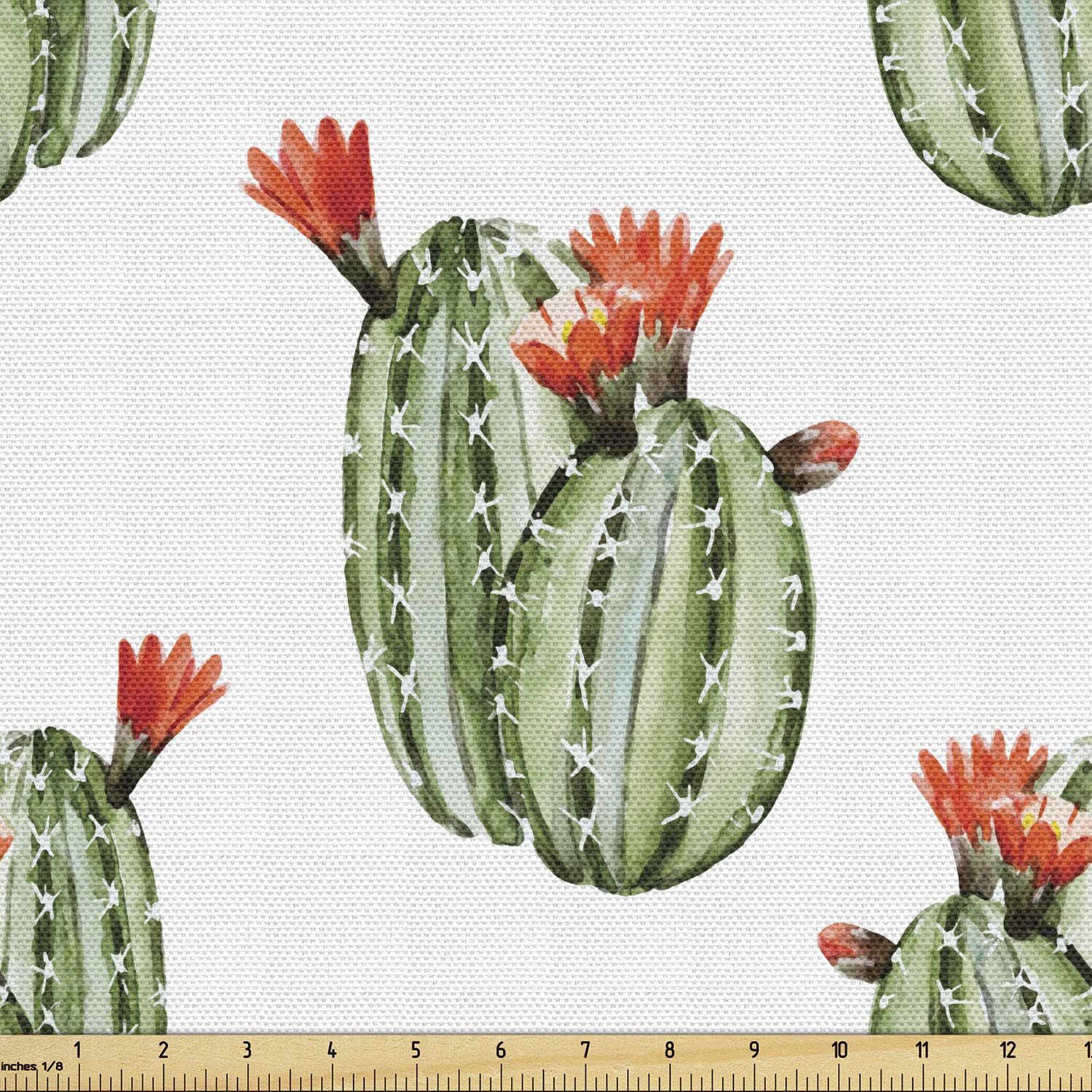 Ambesonne Cactus Fabric by The Yard, Cacti Spikes and Red Flowers Mexican Hot Desert Vintage Image Art, Decorative Fabric for Upholstery and Home Accents, 2 Yards, Orange and Green