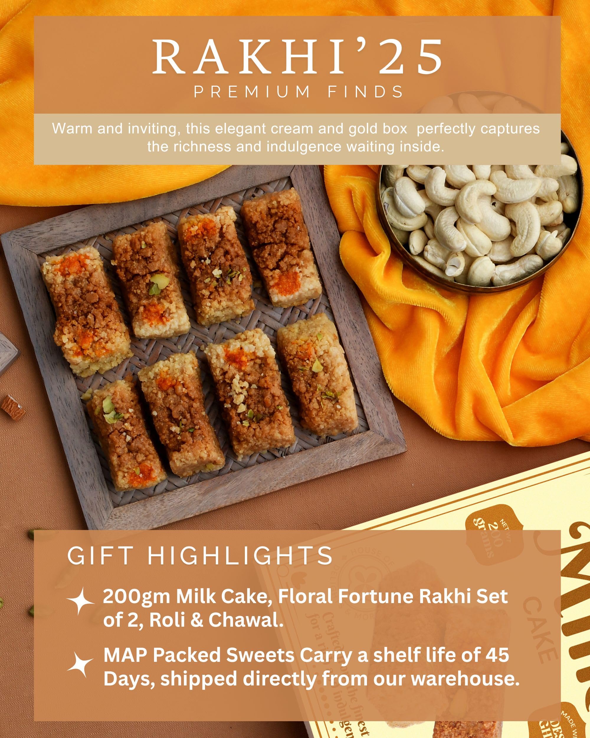HyperFoods® Rakhi with Sweets Gift Pack Alwar Mawa 200 Grams Milk Cake Raksha Bandhan Gift Pack Floral & Ganesh Rakhi Set of 2 with Roli & Rice 3