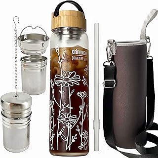 32oz Glass Water Bottle with Bamboo Lid and Neoprene Sleeve | Wide Openi...