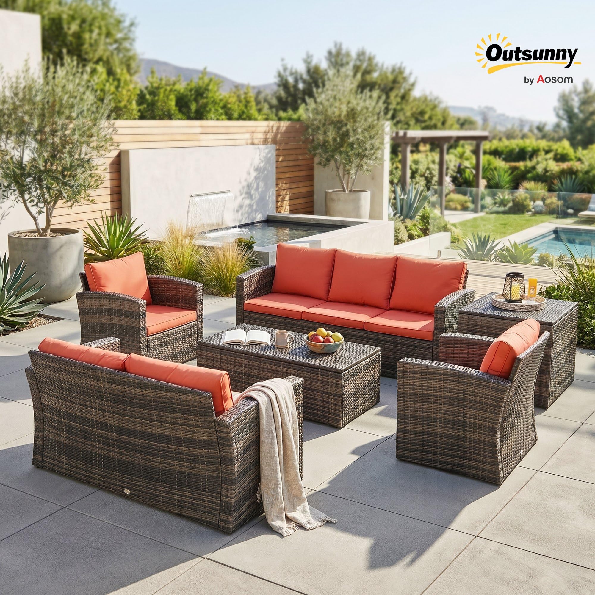 Outsunny Set Mobili da Giardino 6 Pezzi in Rattan, Salotto da Giardino con 2 Tavolini Contenitore, Divani e 2 Poltrone Imbottiti per 7 Persone, Marrone