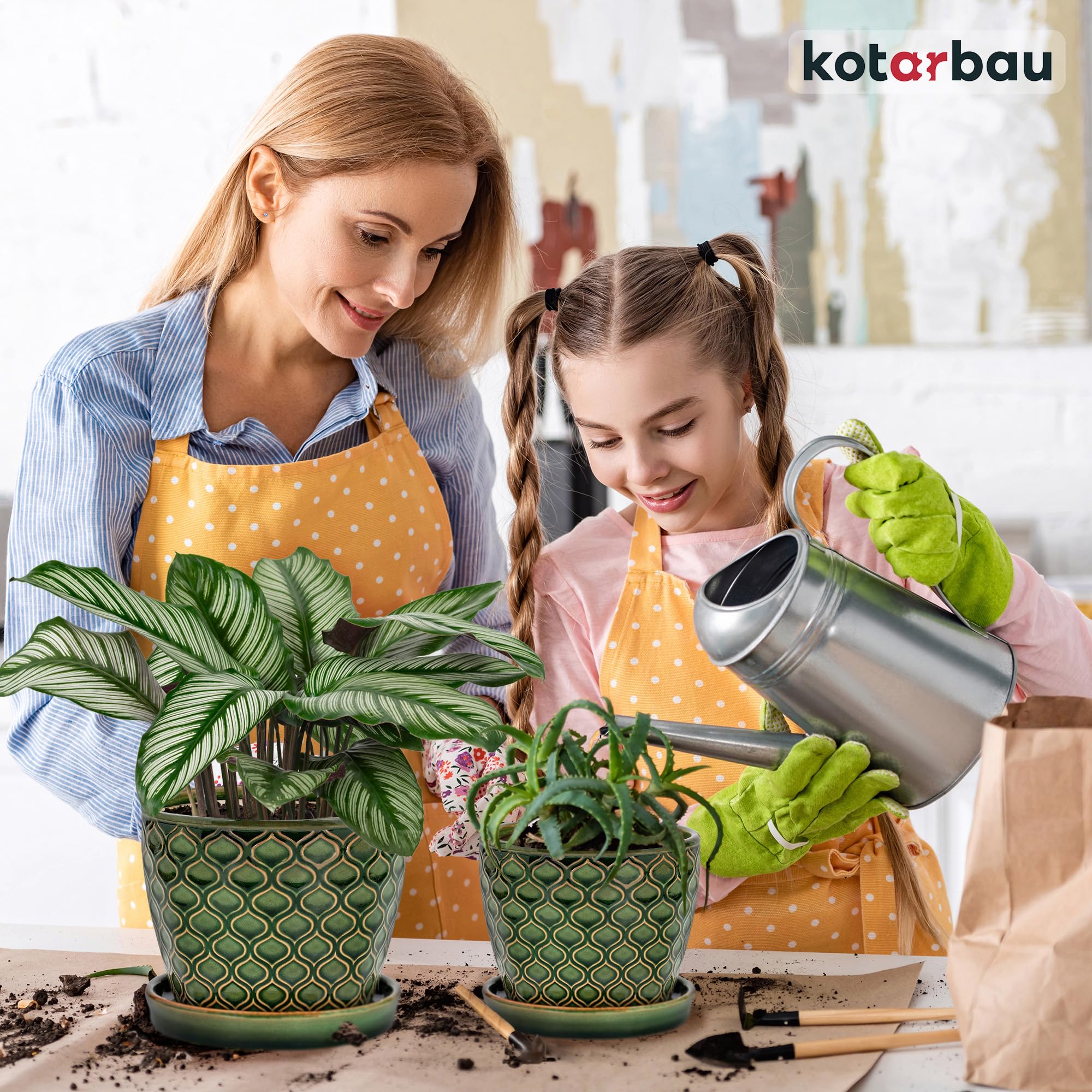 KOTARBAU® - Lot de 2 pots de fleurs en céramique pour plantes, diamètre : 15 cm, vintage, avec bac anti-goutte, motif écailles de poisson, vert