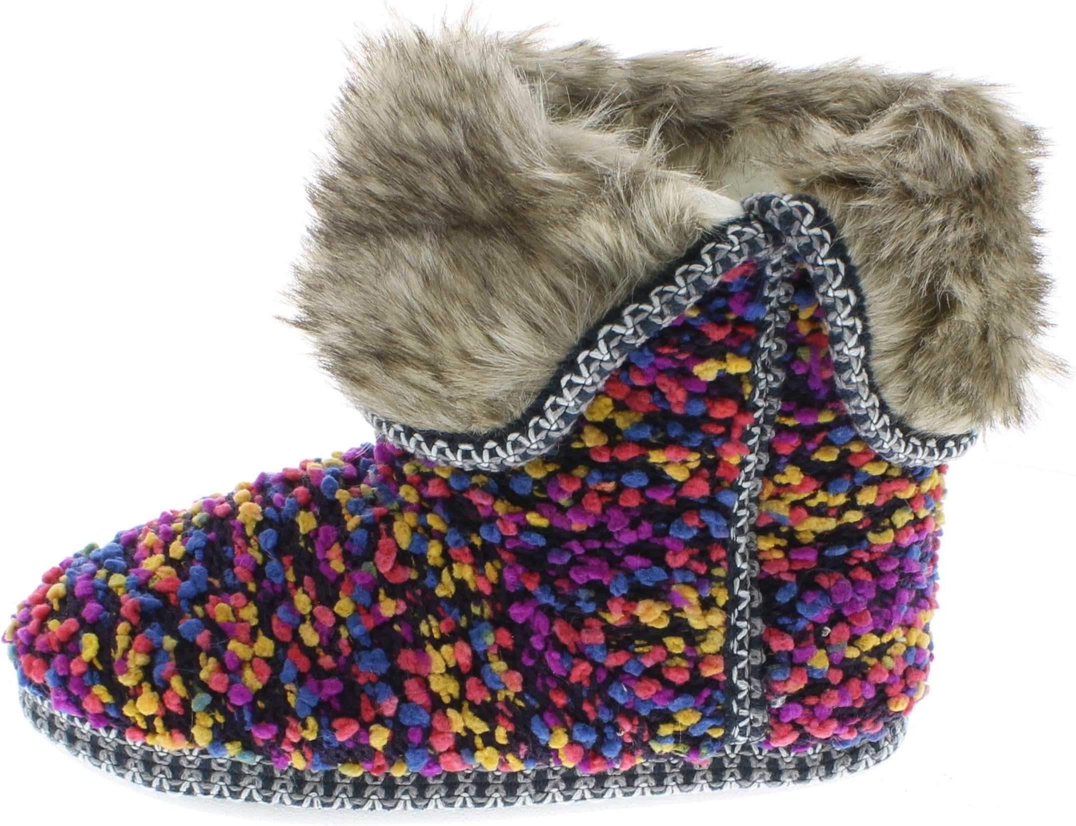 Isaac Mizrahi Women's Annamarie Soft Plush Tweed Nubby Boucle Knit House Slipper Bootie with Fur Cuff